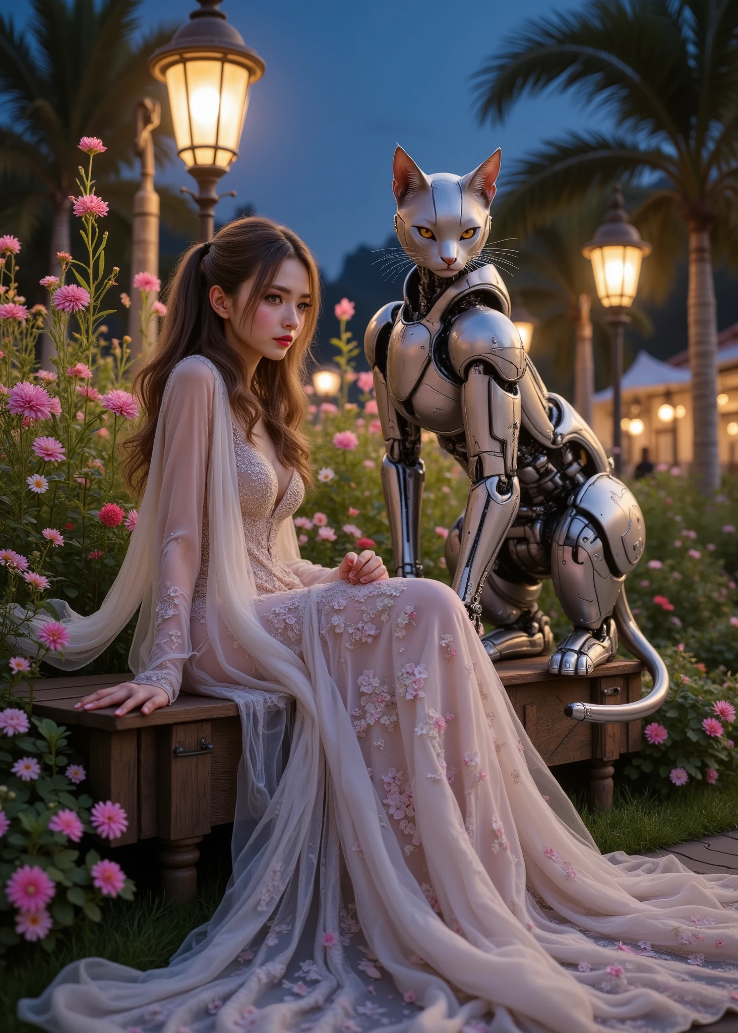 Night Resort 、Beautiful woman sitting on bench with anthropomorphic robot cat、flower bed、Street lamp、 fairy tale