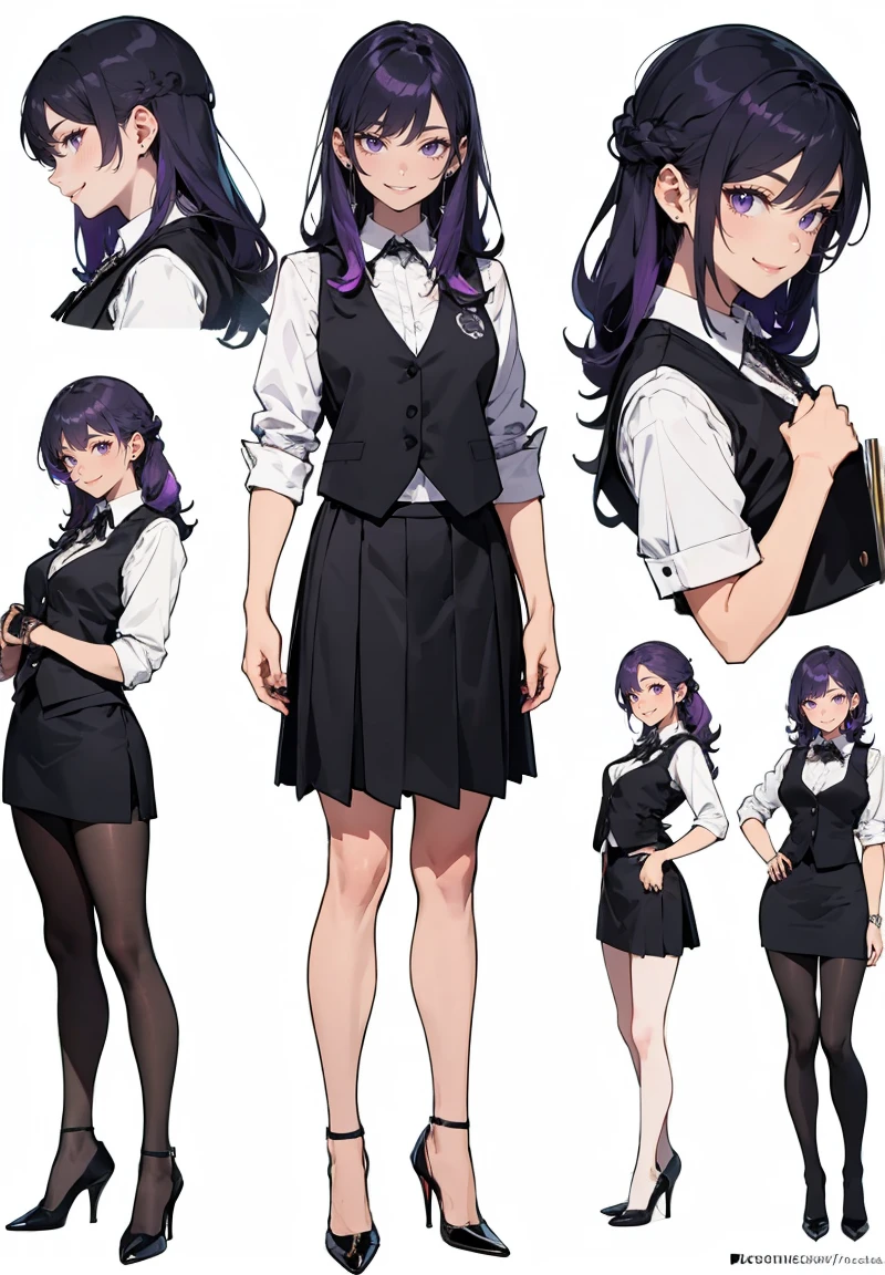 ((Perfect Face)),Purple Hair,voluminous long hair,Adult female,bartender,suit,Black vest,Shirt with rolled up sleeves,tie,slit,High heels,,((Simple Background)),smile,((whole body)),((whole body)),Portraiture,virtual,upright,,both arms are down,Standing upright with face and body facing forward,
