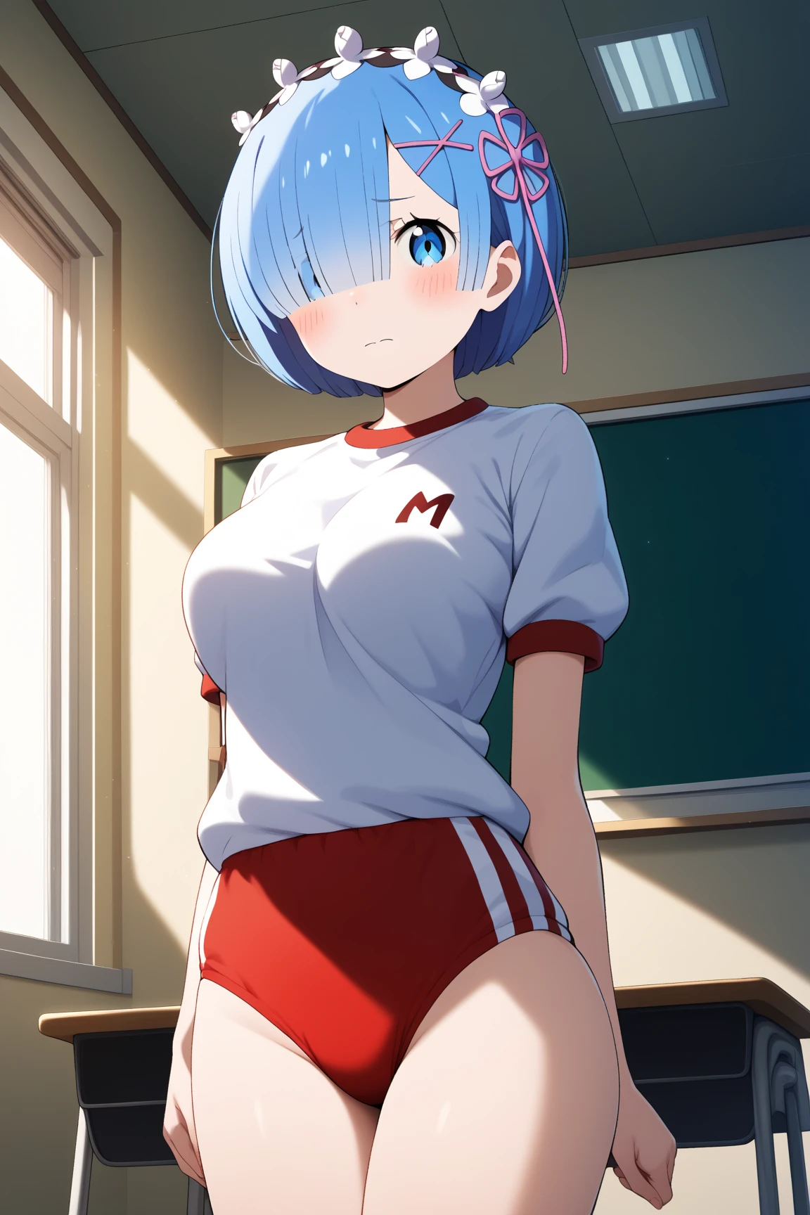 Rei Ayanami, (Futanari, Big penis, Penis through a swimsuit), Flight jacket, School Swimsuit, Sit at a desk, Highlight the penis, Wide legged, classroom