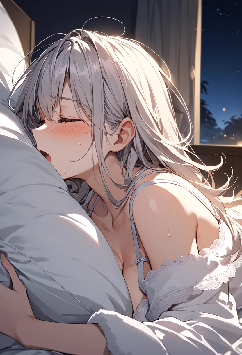 A couple is sleeping in the bedroom, but the husband's snoring is so loud that she can't sleep.