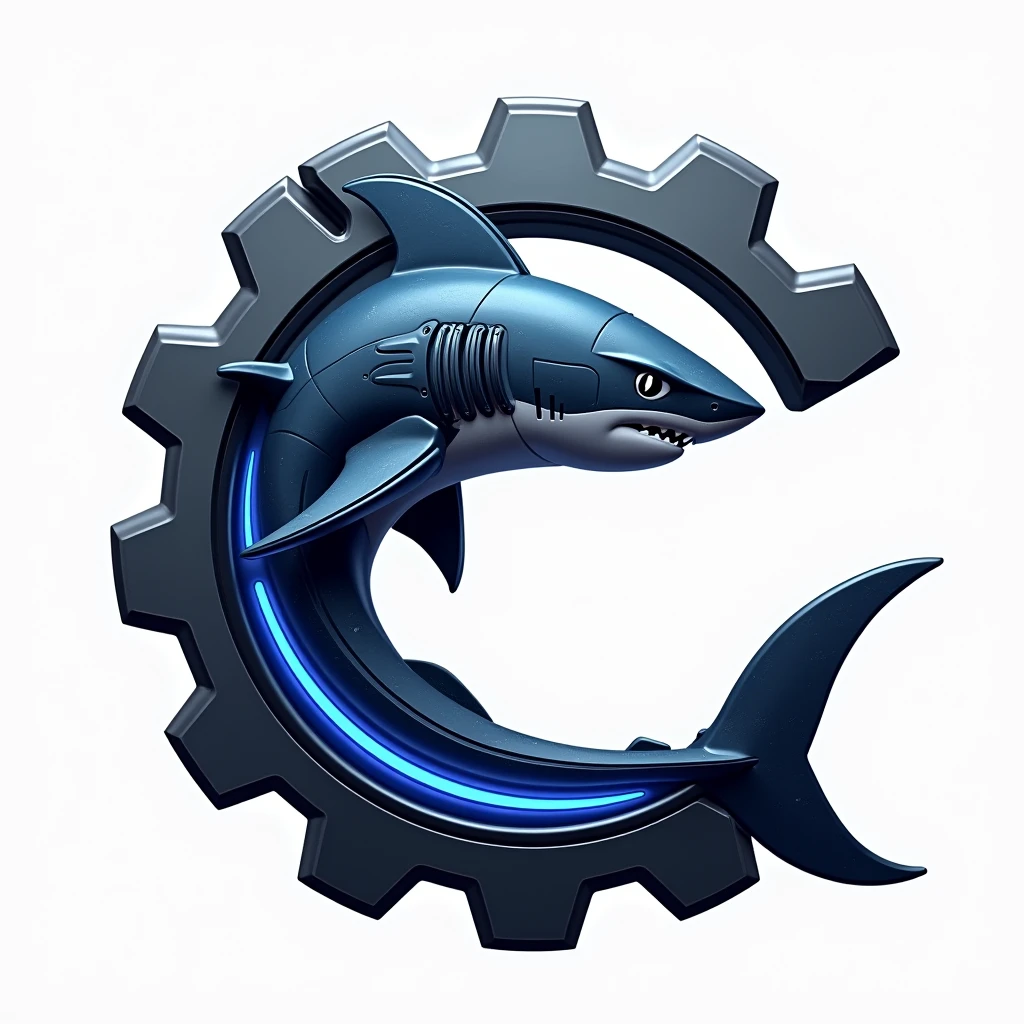 Create a high-quality PNG image of a futuristic, tech-inspired logo combining a mechanical gear with a dynamically curved shark. The design should resemble a stylized letter 'C,' where the shark replaces the usual 'C' shape. The shark's body is sleek and streamlined, curving to form the open part of the gear, with its head at the top and tail at the bottom.
The shark should have an aggressive yet modern look, with sharp fins and intense eyes, emphasizing speed and power. Its dorsal fin is replaced with a metallic gear-like structure, blending seamlessly with the rest of the gear. The gear itself is detailed with a metallic, industrial texture, featuring deep blue and silver tones to enhance the futuristic aesthetic.
Ensure smooth shading, crisp outlines, and a slightly glowing blue accent along the shark’s body to create a high-tech effect. The overall look should be sharp, professional, and visually striking, making the fusion of the mechanical and organic elements appear natural and cohesive.