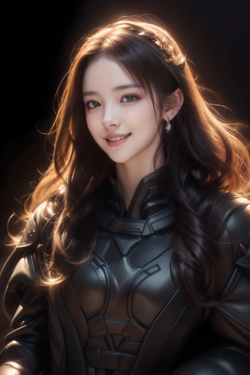 portrait photo of <lora:AnastasiaCebulska_v1:.9> AnastasiaCebulska coloring book line art, focus on smiling face, wearing leather armor , her dark fuchsia hair is styled as layered shag hair,