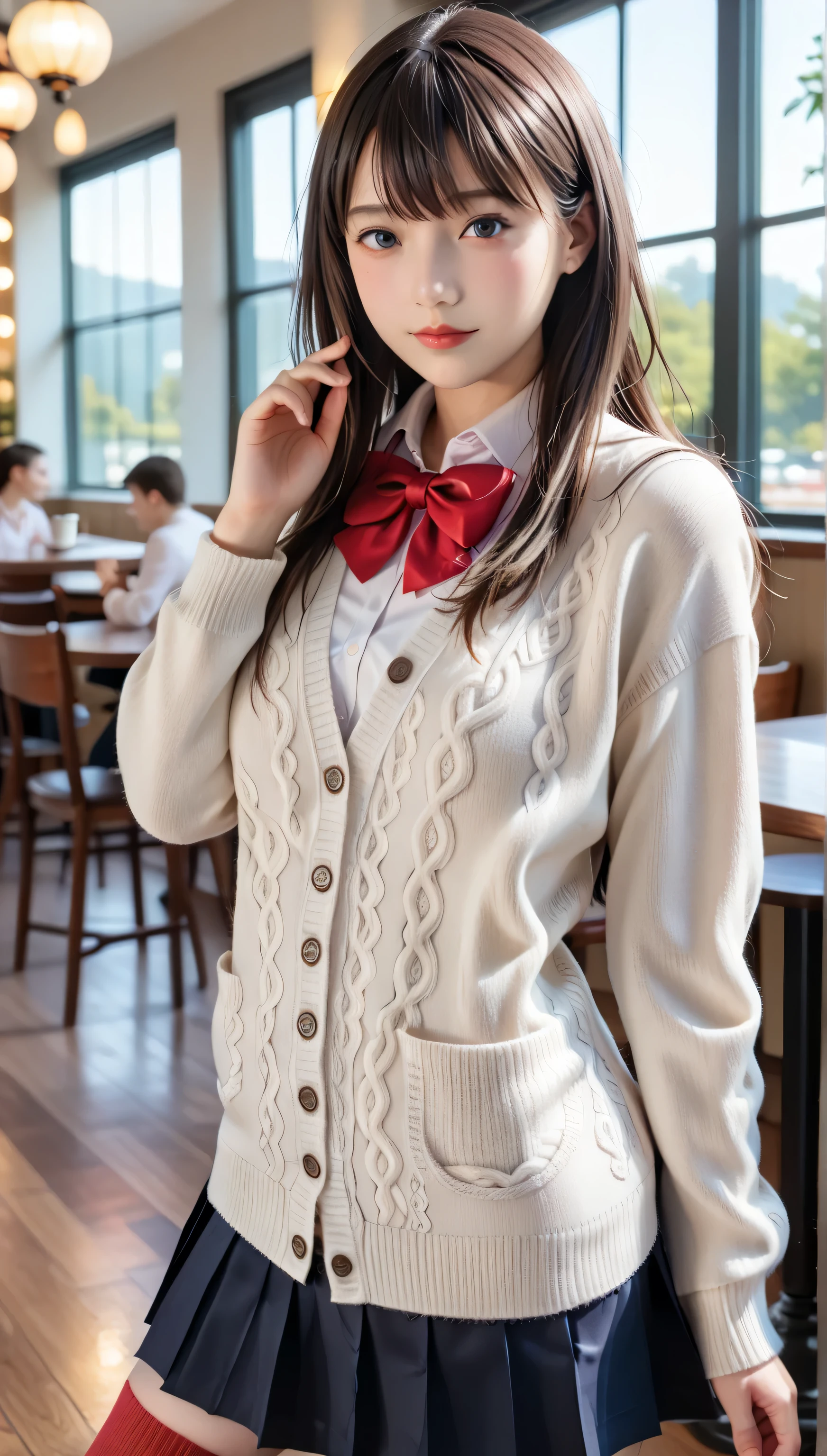 score_9, score_8_up, score_7_up, masterpiece, 8k, highres, best quality, cinematic lighting, 8k Ultra HD, Takarada Rikka, ((((1girl)))), ((((solo)))), ((((perfect lighting)))), ((((20 years old)))), ((((20 year old)))), ((((20 yo)))), ((((facing viewer)))), (((masterpiece, best quality))), ((((best quality, photo-realistic)))), (((((realistic:1.4))))), (((((photorealistic))))), (((((portrait))))), (((((highly detailed background))))), ((((indoors)))), ((((cafe)))), blurry background, high quality, (((((black hair))))), blue eyes, (((((long hair))))), orange scrunchie, scrunchie, wrist scrunchie, black footwear, ((((black pleated skirt)))), ((((red bow)))), red bowtie, ((((buttons)))), thighs, ((((white cardigan)))), white shirt, collared shirt, ((((long sleeves)))), ((((tight mini skirt)))), ((((red socks)))), school uniform, dynamic angle, dutch angle, cowboy shot, ((((perfect fingers)))), (((((depth of field))))), Detailed face, ((((sharp focus)))), perfect hands, love, appreciate, looking at viewer, beautiful breasts, beautiful ass, shiny skin, cute face, beautiful face, ((pretty)), Beautiful eyes, (((sensual vibe))), ((((feeling pleasure)))), (((((sexy pose))))), (((((seductive pose)))), ((((perfect body)))), young Japanese woman, (((Big Breasts))), ((((coffee cup, barista, ((((sitting down)))), ((((relaxing)))), sunlight through window, ((((arm bent)))), ((((leg extended)))), ((((hand on chest)))),