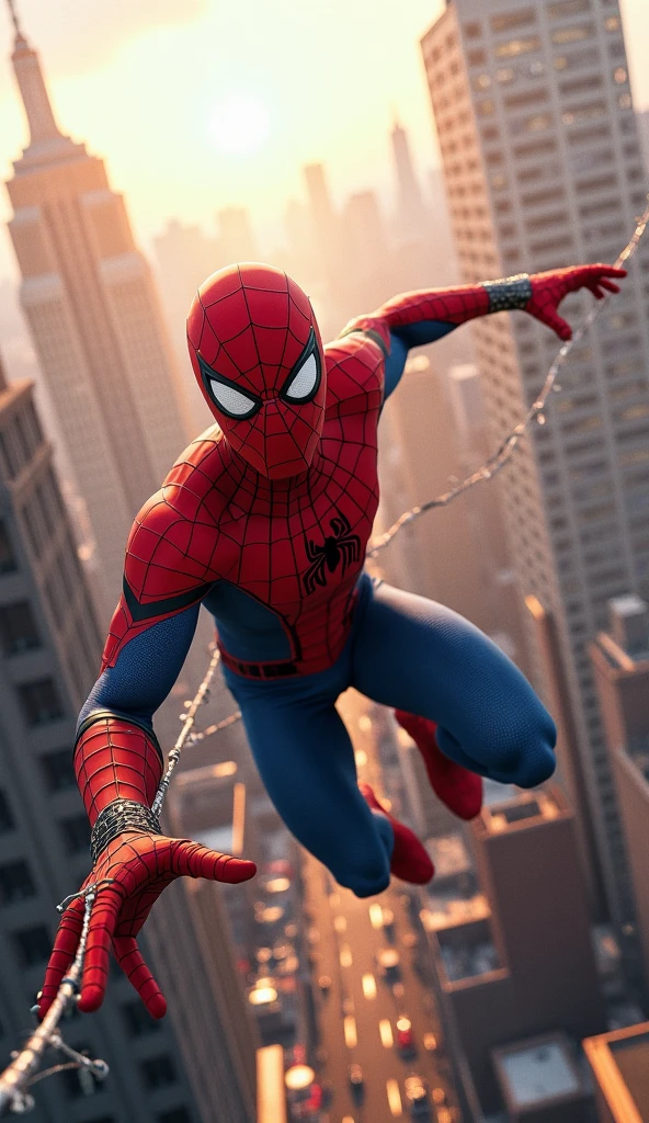 Spider-Man swings spider silk through the city