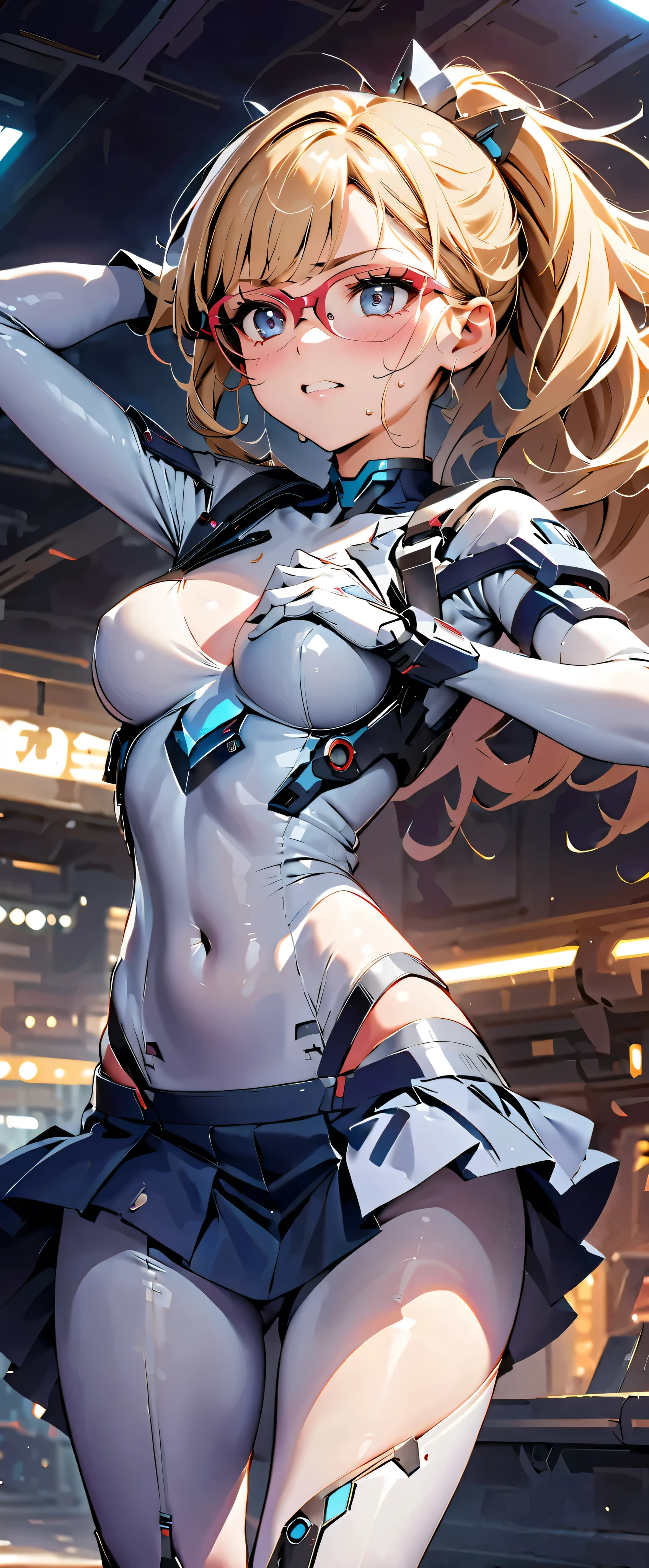 (((Masterpiece)))、(( best quality))、( ultra detail)、(CG illustration)、( very beautiful girl ))、  cinematic light 、((1. Mechanical Girl))、  Sci-fi、Apocalypse、Sensual and ugly、(Beautiful and luxurious:1.2)、( One Girl:1.3)、Expectations,,white and navy blue bodysuit,(( micro tight skirt )),, medium bust ,( skinny),Wet with sweat,  dynamic pose ,Glasses