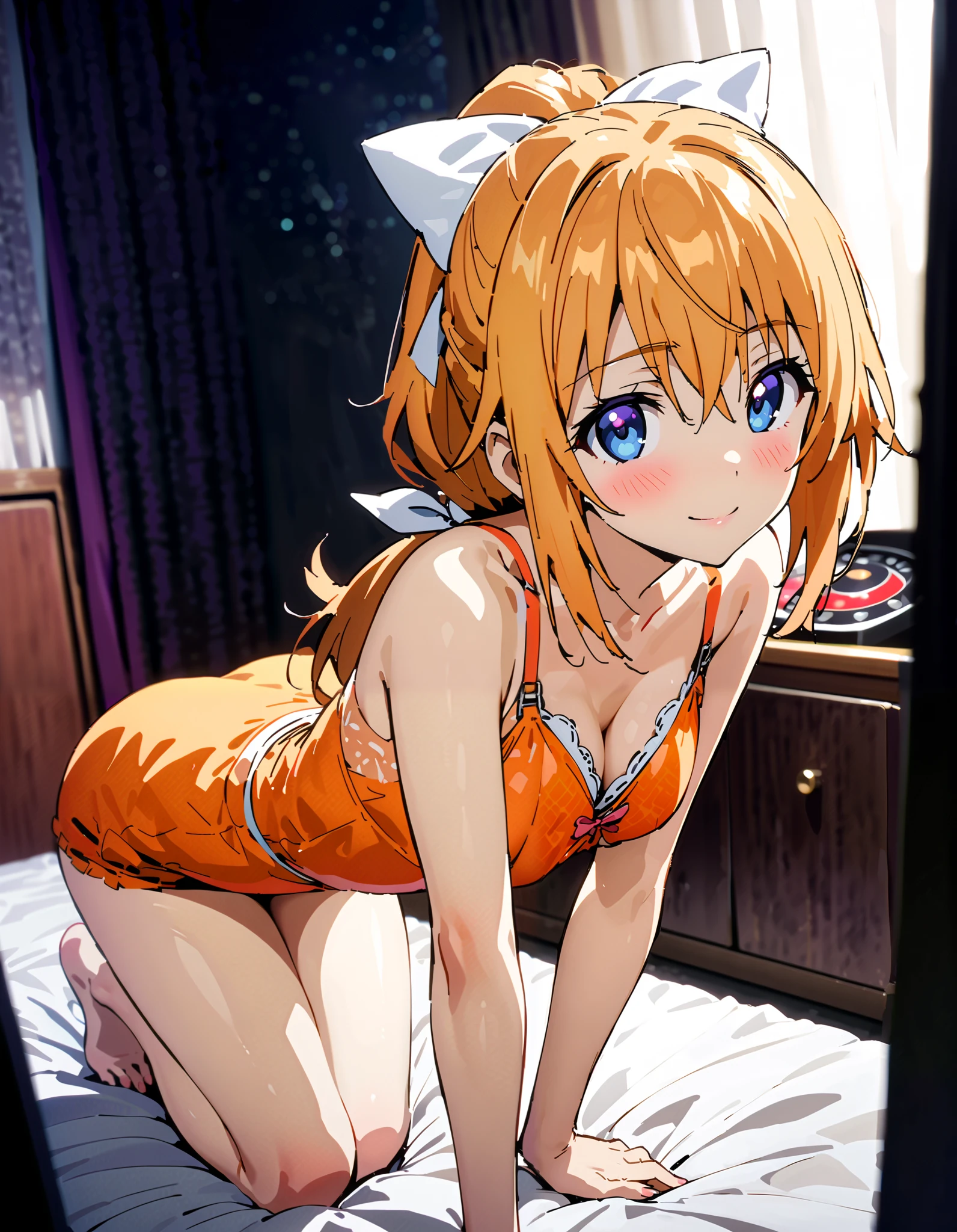 Charlotte Dunois, Charlotte Dunois , long hair,Alone, blonde hair , ribbon, 紫色の目, smile,blush, Embarrassing, legs , ponytail , hair ribbon,Orange Bra,orange string underwear ,Bare legs, standing on all fours on the bed, beautiful night view with depth,whole bodyがイラストに入るように,
break looking at viewer,whole body,
break indoors,bedroom,,
break (masterpiece:1.2), top quality, high resolution, unity 8k 壁紙 , (shape:0.8), ( attention to beautiful details :1.6), highly detailed faces at a pachinko parlor, perfect lighting, Highly detailed CG, ( perfect hand, perfect anatomy ),