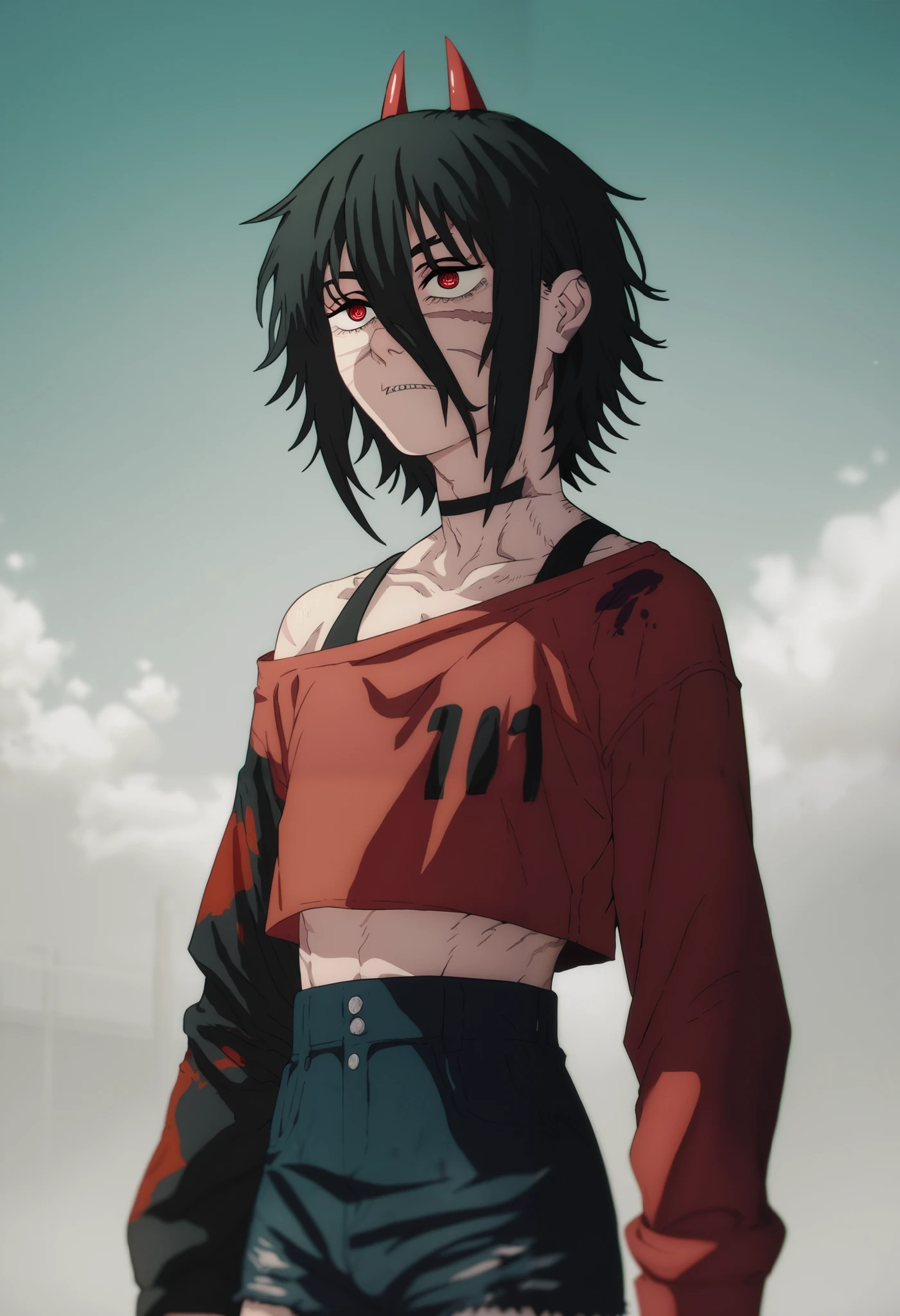 A chainsaw man boy, with black hair, young, devil red eyes, scars, femboy, grunge clothes