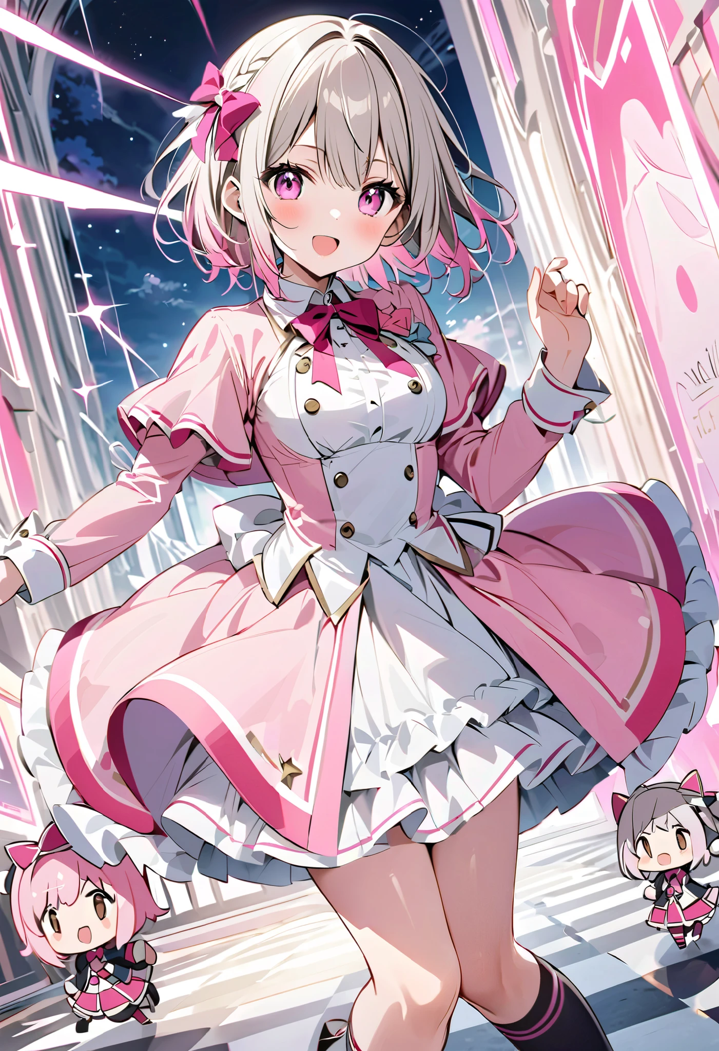 pink costume、 pink dress on the corner、Gray Hair、Gray Hairに毛先はピンク、白の long sleeve dress ロングスカート、  pink ribbon がついた knee high socks、  pink ribbon 、  idol costume 、White medium hair with pink tips 、Pink hair with pink tips、 long sleeve dress 、Beautiful Absolute Realm  、full body knee socks 、、白く  short hair 、Beautiful Absolute Realm  、Alone、 knee hogh socks with pink small bow、、Depiction of fine eyes 、  short hair 、