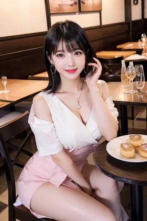 ((top-quality、masterpiece、photographrealistic:1.4、in 8K))、Beautuful Women1a person、21 year old、Female college student、beautiful hairl、delicate and beautiful face、Eyes and faces with detailed 、(Colossal tits:1.3)、(cafes:1.2)、(Knitted dresses:1.2)、A smile、Beautiful lighting、Textured skin、Super Detail、high detailing、High quality、hight resolution、(looking at the viewers)、Detailed mouth、Opening Mouth、bangss、full body Esbian、open one's legs、sweets、a cake、macaroons、window、a plant