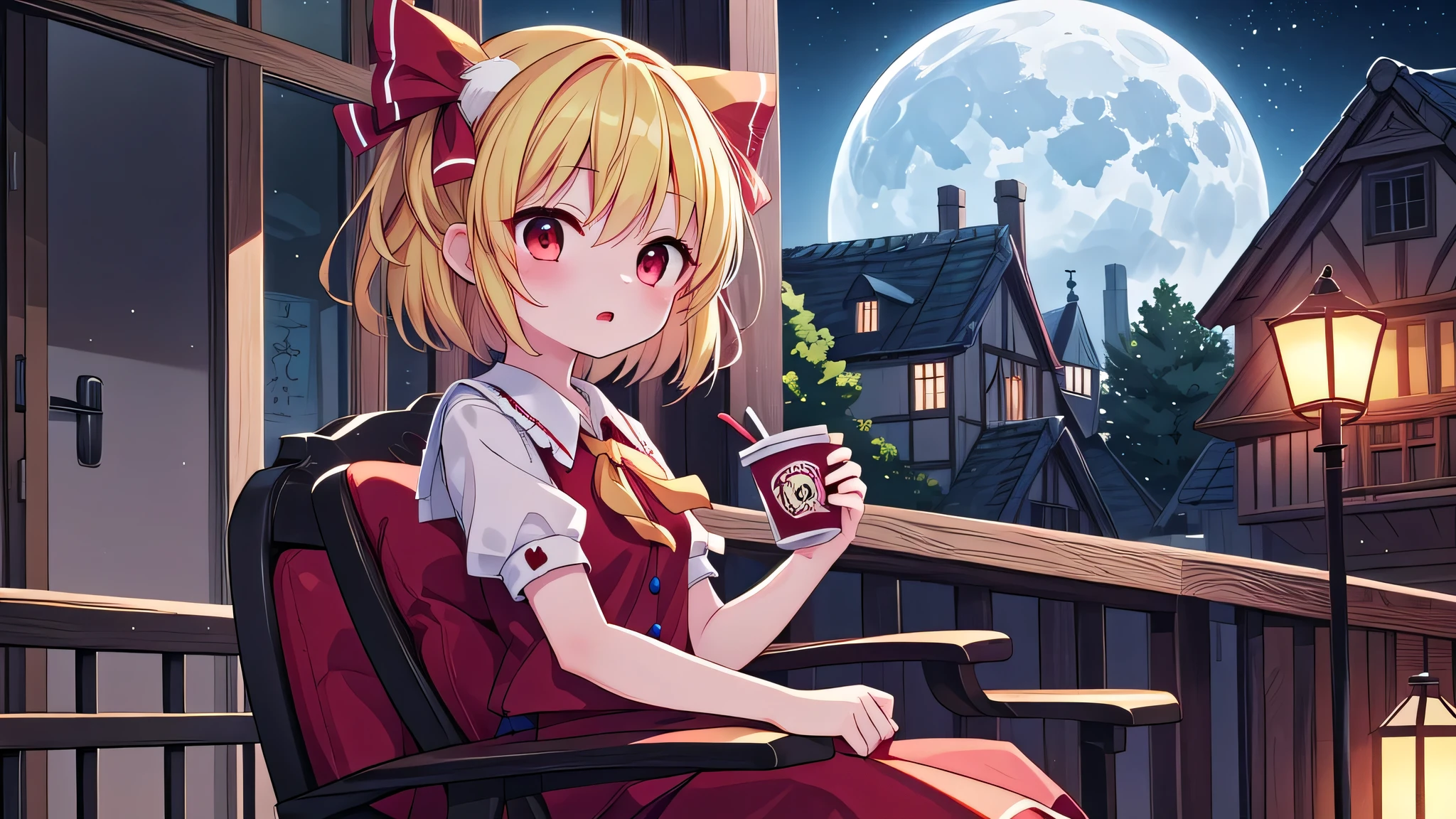 詳細なbackground,  Masterpiece,  top quality, Expressive、 upper body、１alone、１By people、１Only people、only girl、Flanders Scarlett, ,  third-tailed yellow hair 、 red eyes、 Blonde、Short Hair、 short hair、 about the age of a female college student wearing a boys uniform、 Touhou Project、 holding a cup 、 sitting on a chair、 turn around、background(Terrace at night)、time(Late Night)、I see the red moon、