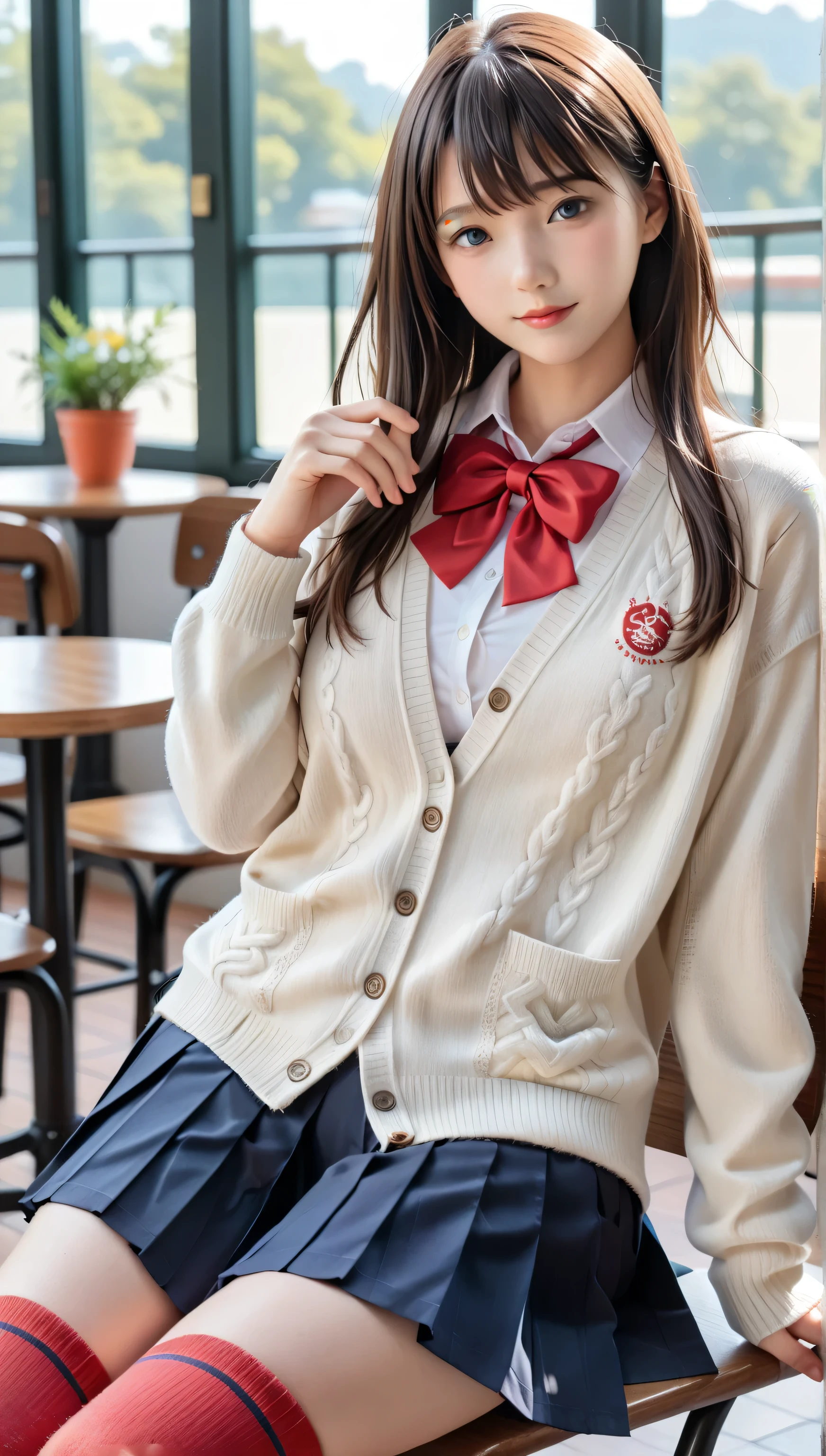 score_9, score_8_up, score_7_up, masterpiece, 8k, highres, best quality, cinematic lighting, 8k Ultra HD, Takarada Rikka, ((((1girl)))), ((((solo)))), ((((perfect lighting)))), ((((20 years old)))), ((((20 year old)))), ((((20 yo)))), ((((facing viewer)))), (((masterpiece, best quality))), ((((best quality, photo-realistic)))), (((((realistic:1.4))))), (((((photorealistic))))), (((((portrait))))), (((((highly detailed background))))), ((((indoors)))), ((((cafe)))), blurry background, high quality, (((((black hair))))), blue eyes, (((((long hair))))), orange scrunchie, scrunchie, wrist scrunchie, black footwear, ((((black pleated skirt)))), ((((red bow)))), red bowtie, ((((buttons)))), thighs, ((((white cardigan)))), white shirt, collared shirt, ((((long sleeves)))), ((((tight mini skirt)))), ((((red socks)))), school uniform, dynamic angle, dutch angle, cowboy shot, ((((perfect fingers)))), (((((depth of field))))), Detailed face, ((((sharp focus)))), perfect hands, love, appreciate, looking at viewer, beautiful breasts, beautiful ass, shiny skin, cute face, beautiful face, ((pretty)), Beautiful eyes, (((sensual vibe))), ((((feeling pleasure)))), (((((sexy pose))))), (((((seductive pose)))), ((((perfect body)))), young Japanese woman, (((Big Breasts))), ((((coffee cup)))), ((((holding a coffee cup)))), barista, (((((sitting in chair))))), (((((sitting down:1.4))))), sunlight through window, arm bent, ((((leg extended)))), ((((hand on chest)))),
