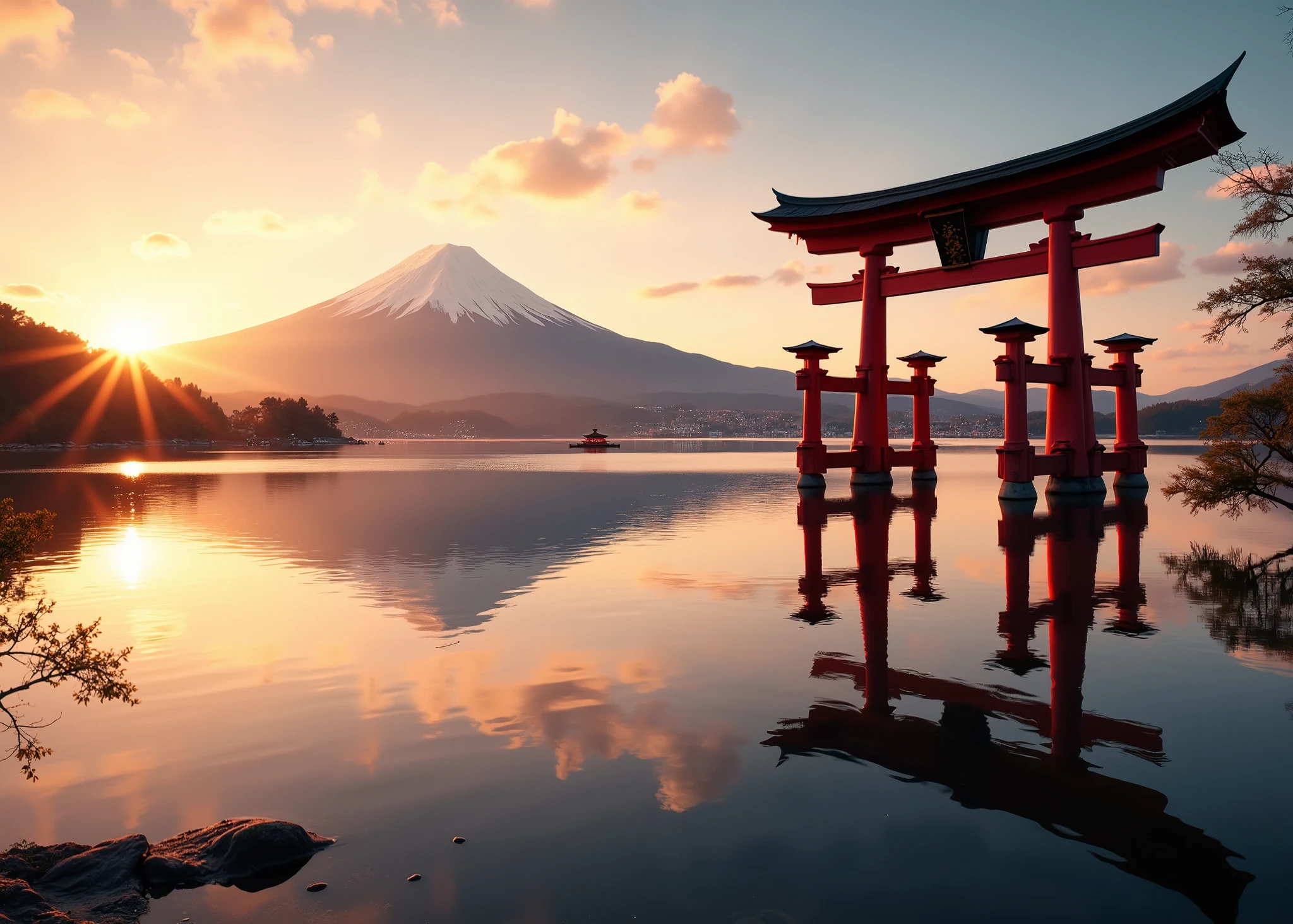 The red torii gate of Itsukushima Shrine can be seen on the right side of the large lake. Fuji can be seen on the other side of the big lake 、Upside down Fuji reflected in the lake 、 illuminated by the rising sun 、 spectacular scene