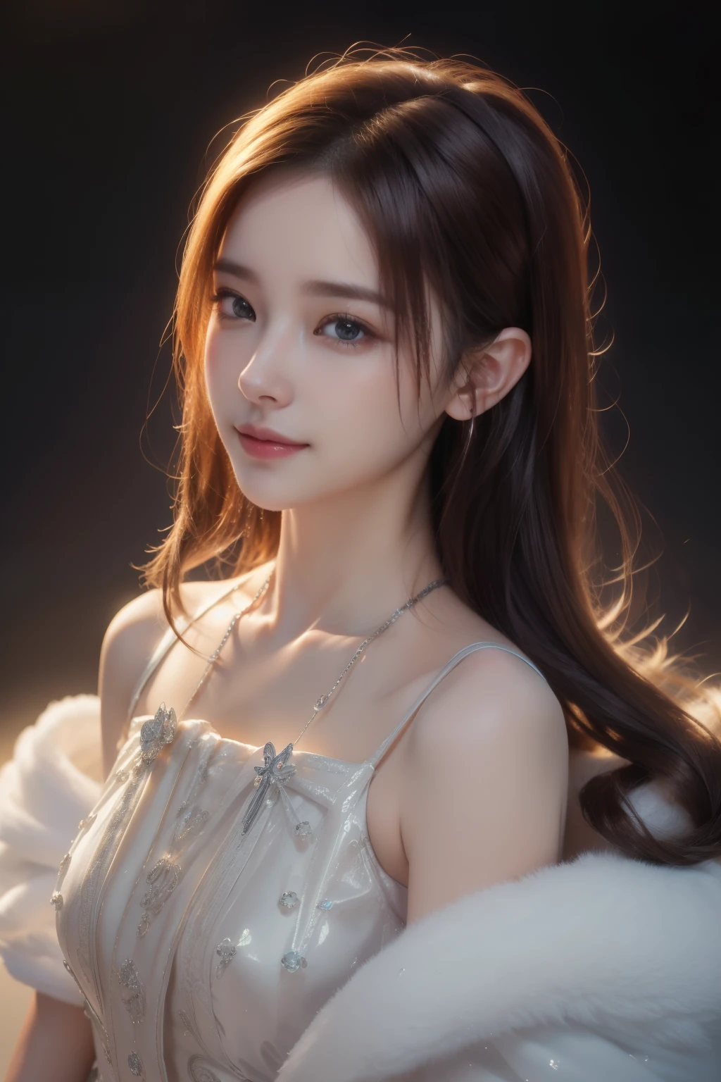 (ultra Realistic) , (illustration), (Enhance resolution), (8k), ( Extremely Detailed), ( detailed face ), Slim Body, in the dark , deep shadow, low profile, pureerosfaceace_v1, Happy smile, Winter, Mountain
