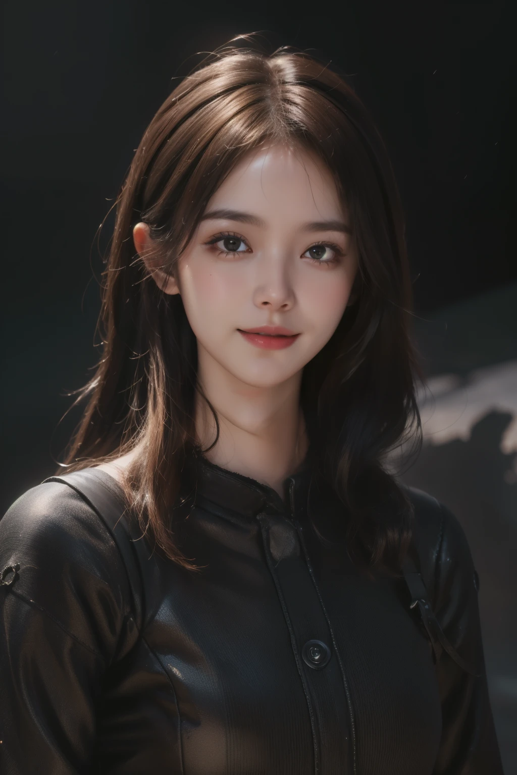 (ultra Realistic) , (illustration), (Enhance resolution), (8k), ( Extremely Detailed), ( detailed face ), Slim Body, in the dark , deep shadow, low profile, pureerosfaceace_v1, Happy smile, Winter, Mountain