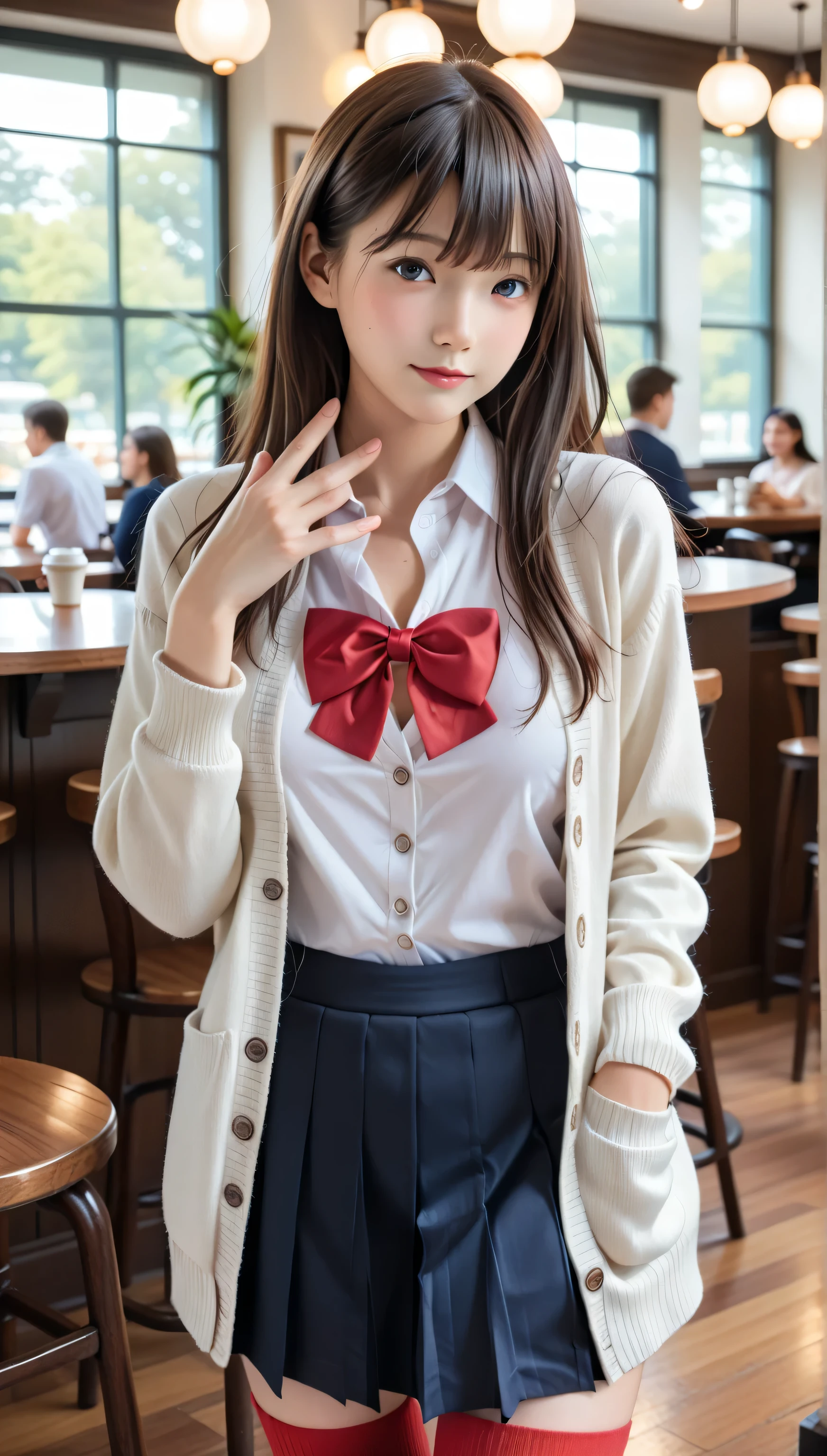 score_9, score_8_up, score_7_up, masterpiece, 8k, highres, best quality, cinematic lighting, 8k Ultra HD, Takarada Rikka, ((((1girl)))), ((((solo)))), ((((perfect lighting)))), ((((20 years old)))), ((((20 year old)))), ((((20 yo)))), ((((facing viewer)))), (((masterpiece, best quality))), ((((best quality, photo-realistic)))), (((((realistic:1.4))))), (((((photorealistic))))), (((((portrait))))), (((((highly detailed background))))), ((((indoors)))), ((((cafe)))), blurry background, high quality, (((((black hair))))), blue eyes, (((((long hair))))), orange scrunchie, scrunchie, wrist scrunchie, black footwear, ((((black pleated skirt)))), ((((red bow)))), red bowtie, ((((buttons)))), thighs, ((((white cardigan)))), white shirt, collared shirt, ((((long sleeves)))), ((((tight mini skirt)))), ((((red socks)))), school uniform, dynamic angle, dutch angle, cowboy shot, ((((perfect fingers)))), (((((depth of field))))), Detailed face, ((((sharp focus)))), perfect hands, love, appreciate, looking at viewer, beautiful breasts, beautiful ass, shiny skin, cute face, beautiful face, ((pretty)), Beautiful eyes, (((sensual vibe))), ((((feeling pleasure)))), (((((sexy pose))))), (((((seductive pose)))), ((((perfect body)))), young Japanese woman, (((Big Breasts))), ((((coffee cup)))), ((((holding a coffee cup)))), barista, (((((sitting in chair))))), (((((sitting down:1.4))))), sunlight through window, arm bent, ((((leg extended)))), ((((hand on chest)))), (((((table))))), food,