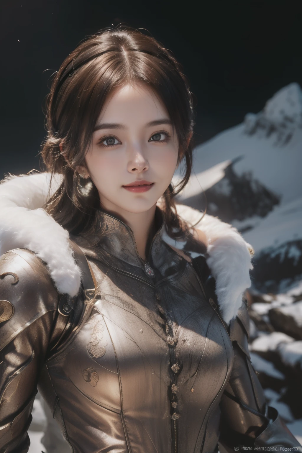 (ultra Realistic) , (illustration), (Enhance resolution), (8k), ( Extremely Detailed), ( detailed face ), Slim Body, in the dark , deep shadow, low profile, pureerosfaceace_v1, Happy smile, Winter, Mountain
