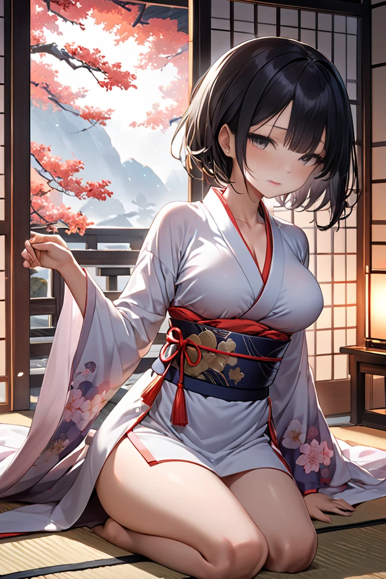 girl with、Delicate body、Slender body、Opening legs、open one's legs、(thighs thighs thighs thighs:1.5)、embarrassed from、Sweating、kimono、Small Panties、traditional Japanese room、full of sweat、Slender Line、