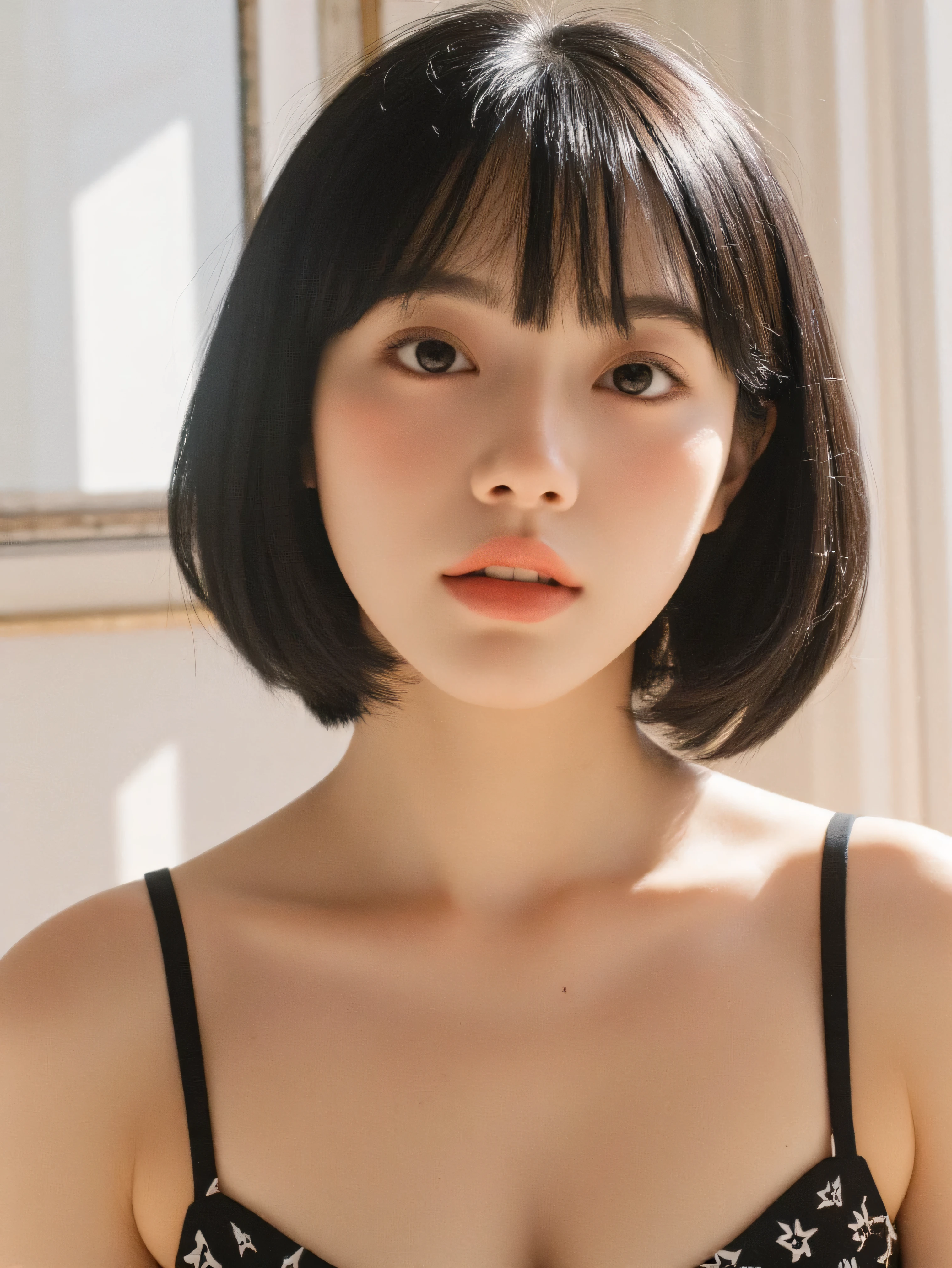 Japanese, 1 girl, high resolution, top quality, high image quality model, 8-headed and well-styled , textured skin, shows the whole body, Short bob hair with little bulge on both sides, gloss々 black hair, Hair over ears, cute eyes like a girl, Wide Eyes Wide, Black eyes are large , black eyes are facing inward, hanging eye, The light of the strong catchlight is reflected in the eyes, Smaller face, A smile that shows a little bit of front teeth, small nose, Slender facial contours, The jaw is slightly long and the tip is sharp, My cheekbones are thin, The width of the tear bag is large, The upper and lower false eyelashes are thick and long , The eyeliner is darker , The position of the eyebrows is close to the eyes, High nose bridge, The bulge in the nose is small, are short in height among people, Small lips, Salmon pink colored lips, The position of the eyes, nose, and mouth is close to the center of the face relative to the outline of the face, small tits, Upright pose, Swimsuits with less fabric, Western-style room with sunlight shining in, Overall bright、 open your mouth slightly, teeth, blushes, The lower body is plump bangs ,