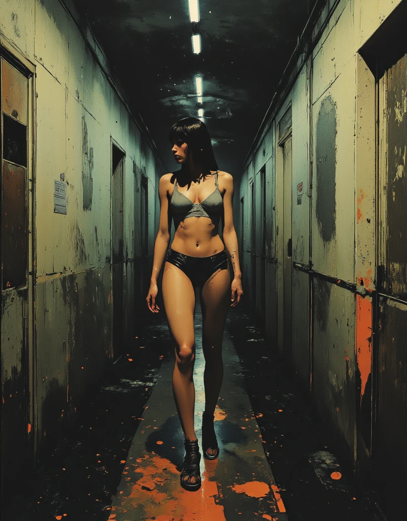 Abandoned school building scene, Resident Evil, best quality, full body portrait, delicate face, 18-year-old girl, slim body, small bust, white transparent bikini, cameltoe, looming, facing the camera, standing, bent over, hands on knees, legs spread apart, view from behind, small ass, full of garbage, greasy, sweaty, dirty and dilapidated