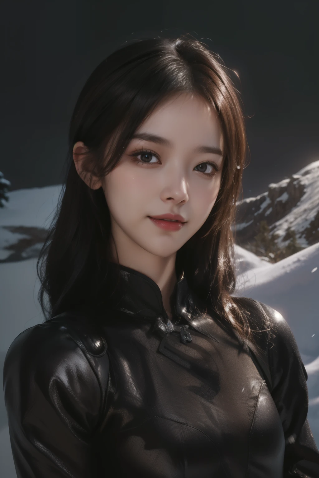 (ultra Realistic) , (illustration), (Enhance resolution), (8k), ( Extremely Detailed), ( detailed face ), Slim Body, in the dark , deep shadow, low profile, pureerosfaceace_v1, Happy smile, Winter, Mountain