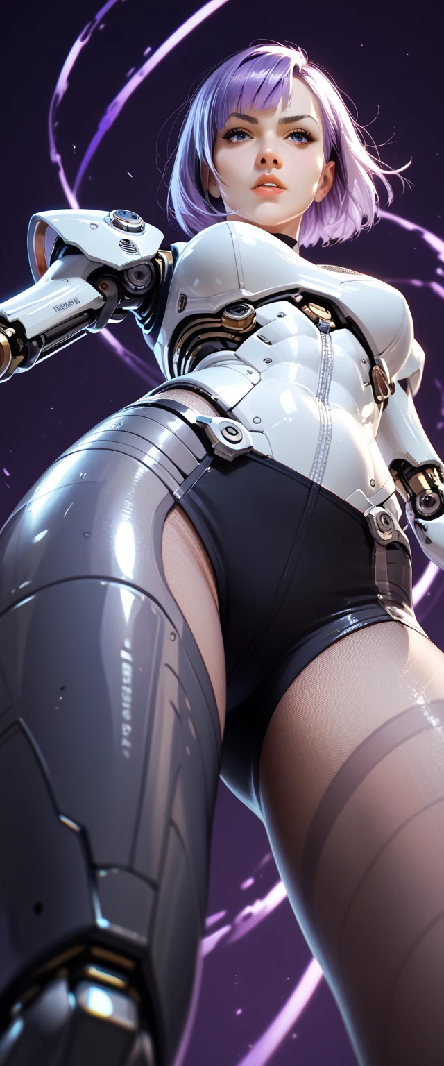 (8k, masterpiece, best quality), super detail, beautiful fine eyes with beautiful details, exquisite and detailed face, high quality, high resolution, beautiful hairstyle, realistic eyes, beautiful detailed eyes, (realistic skin), facing the audience, robot girl wearing sexy costume, huge breasts, white transparent tights, mecha, mechanical room, single, empty eyes, expressionless face, short white hair, mechanical prosthesis, mechanical legs, mechanical body, knee stilettos, standing, sexy, unreal 5，Full-Shot Angle， --auto --s2