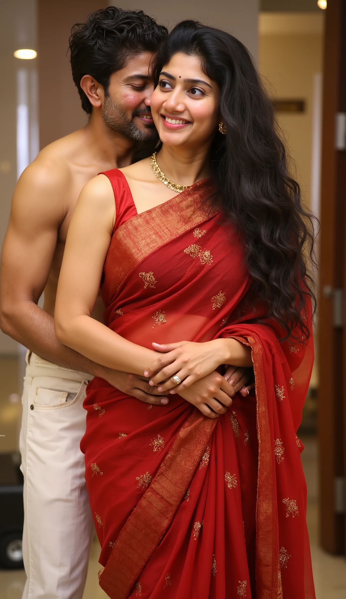 sai pallavi beautiful actress full body, wearing transparent red sexy saree with sleeveless, showing her sexy navel, showing her sexy hip, realistic image, photoshoot, enhanced details, looking at front camera, standing straight, put her both hands into back of her head and showing armfit, undressed old man hugging and kissing her from back side