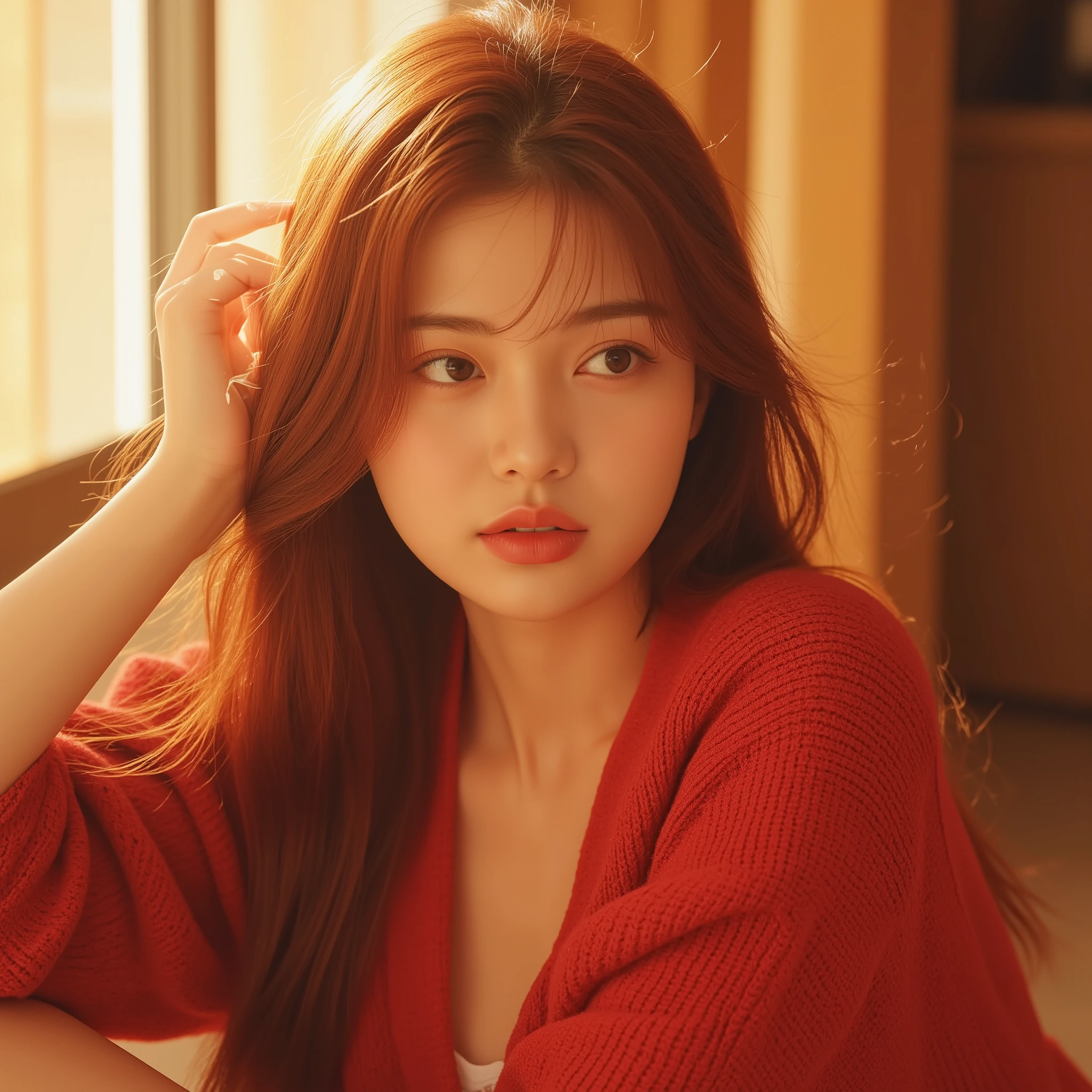 A photograph of a young Japanese woman with a sweet and innocent appearance. She has a fair, translucent complexion with a natural, dewy glow, giving her skin an almost ethereal radiance. Her long, flowing crimson red hair cascades down her back and over her shoulders, glowing subtly in the sunlight. The silky strands catch the light beautifully, creating a striking contrast against her fair complexion and adding a bold yet elegant touch. Wispy bangs gently frame her delicate features, enhancing her soft and serene expression. She has large, round, and captivating eyes with a gentle upward tilt, framed by long, delicate lashes. A subtle shimmer in her irises gives them a luminous, almost dreamy quality. Her natural makeup, including soft eyeliner and no blush, enhances her strong yet delicate features. Her lips are full and naturally pink, with a slight hint of a smile.
She is wearing a cozy, slightly oversized red cardigan draped over her shoulders, paired with a simple, minimalistic red top. The warm tones of her outfit harmonize with her vibrant crimson hair, enhancing her striking and confident presence. The deep red hues of her clothing complement her fiery hair, adding a sense of passion and elegance to her overall appearance. She lets out a small, drowsy yawn, covering her mouth gently with one hand. Her eyes, still slightly teary from the yawn, hold a sleepy, affectionate expression. The early morning sunlight streams through the window, casting a warm glow on her face and hair. The soft morning light highlights the gentle waves of her long, silky red hair, adding depth and dimension. Each strand appears to shimmer with deep ruby and scarlet hues as it catches the sunlight, enhancing its rich, vibrant color and creating a captivating, fiery glow. The background is minimalistic, with blurred details like a small lamp and a nightstand.
Ultra-realistic, cinematic lighting, detailed textures, intimate and warm atmosphere. 8K detail.