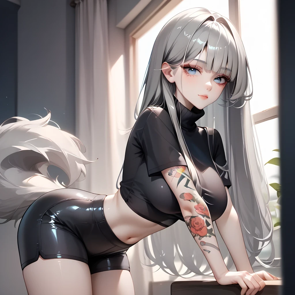 ((Gray Hair))、(Black inner hair), best quality 、 Masterpiece、( professional lighting )、 surreal, (Nipples:0.4), attractive、 slender supermodel 、 one girl , ( lean forward and show off your butt ), ( big breasts, Belly button exposed), ( flat at honny , Beautiful without wrinkles or irregularities」skin ), (Bright, beautiful blue eyes , (( wolf cut, Long hair)), ( shorts,((black tight cropped shirt))) , ( beautiful face squinting in bright light ), ((Black tight cropped turtleneck with tattoos all over the body ))