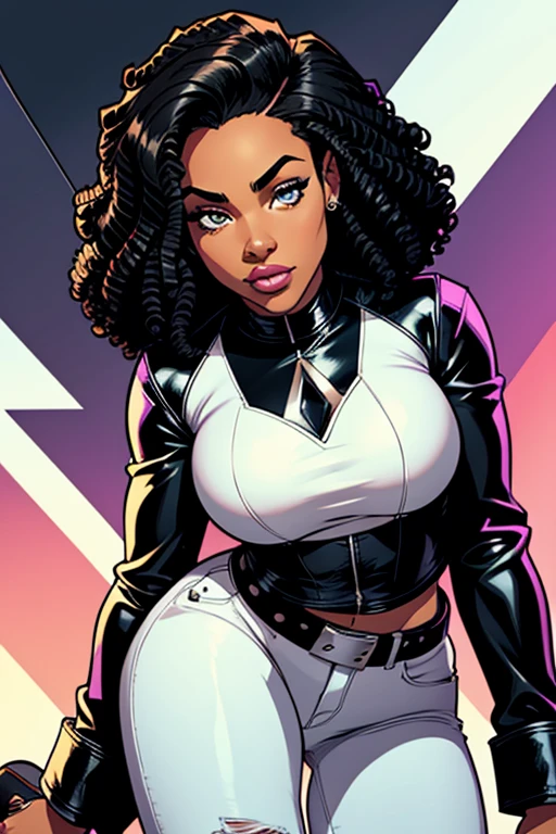 score_9, score_8_up, score_7_up,score_6_up, score_5_up, score_4_up , (hyper breasts:1.3), large areolae, 1girl, solo, (dark skin:1.1), big lips, makeup, black hair, dreadlocks, thick eyebrows, hair between eyes, White Dress, White leotard, see-through, white choker, thigh boots, breasts apart, sitting,crossed legs, bar \(place\), neon lights, light particles, annoyed, half-closed eyes, dim_lighting,