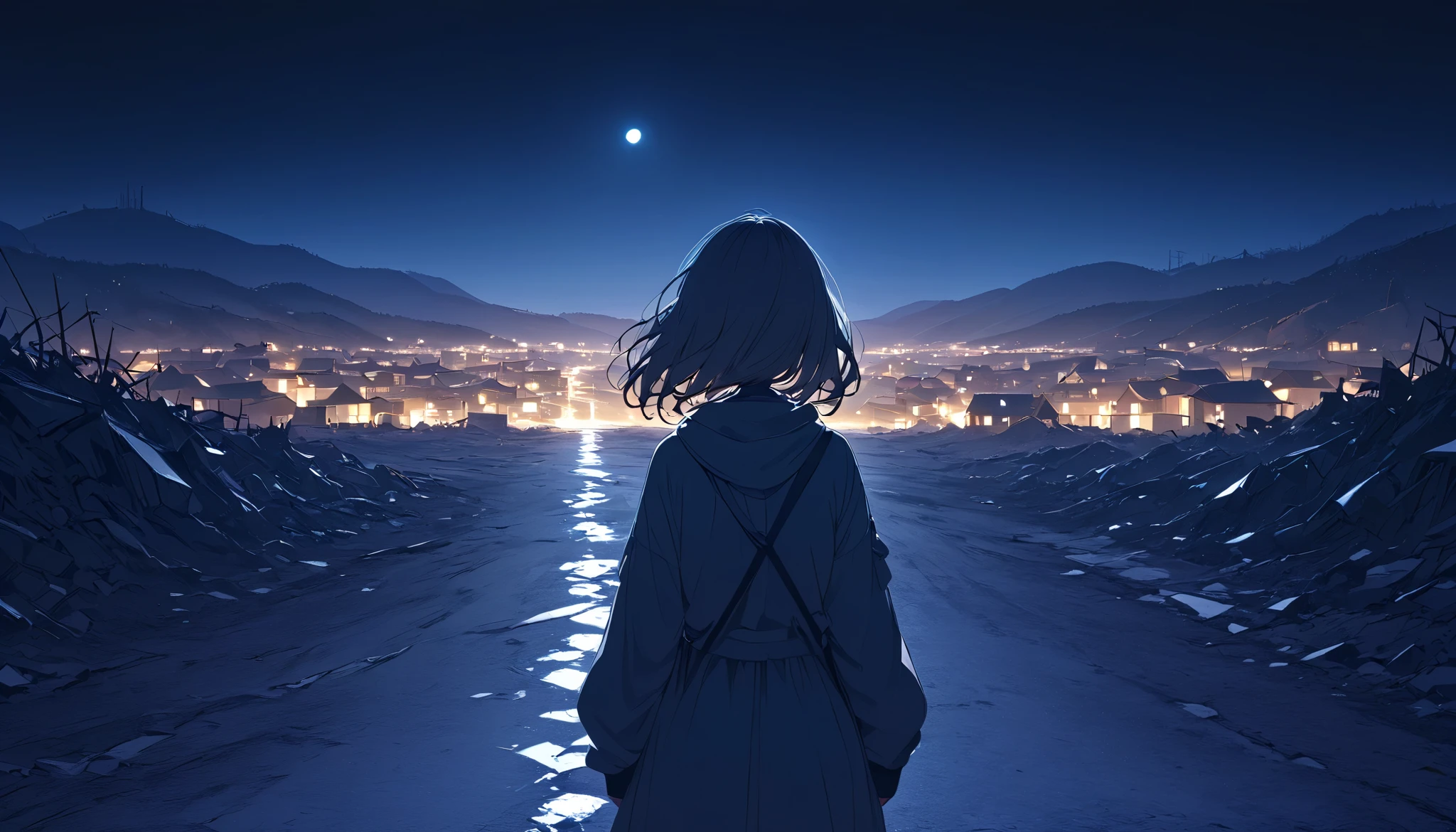 woman、Back view、Desolate town、 backlit、night、