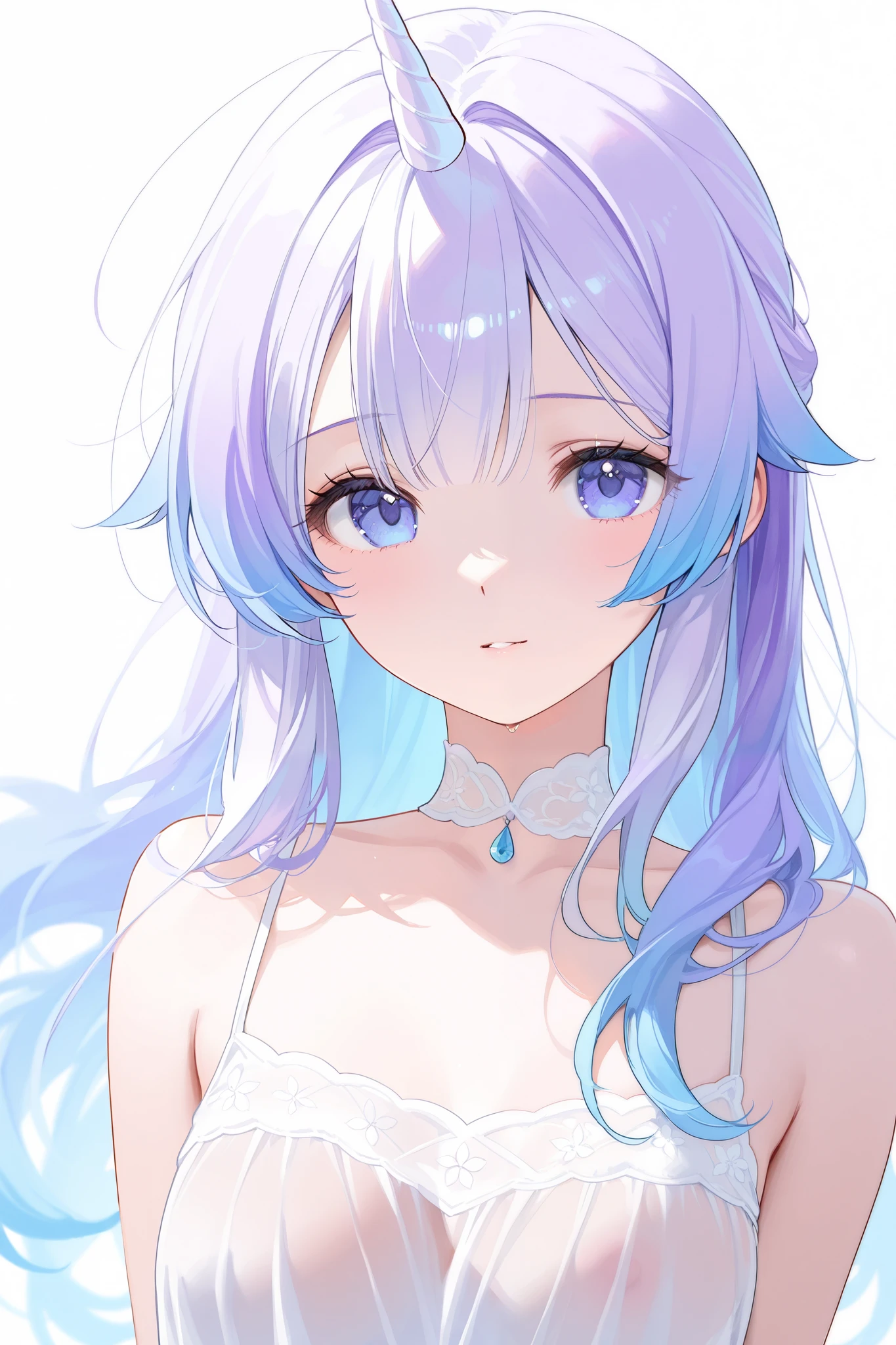  no background、 watercolor、Emphasize contour lines、Unicorn woman、Simple long hair、pure white、see-through dress only、 upper body