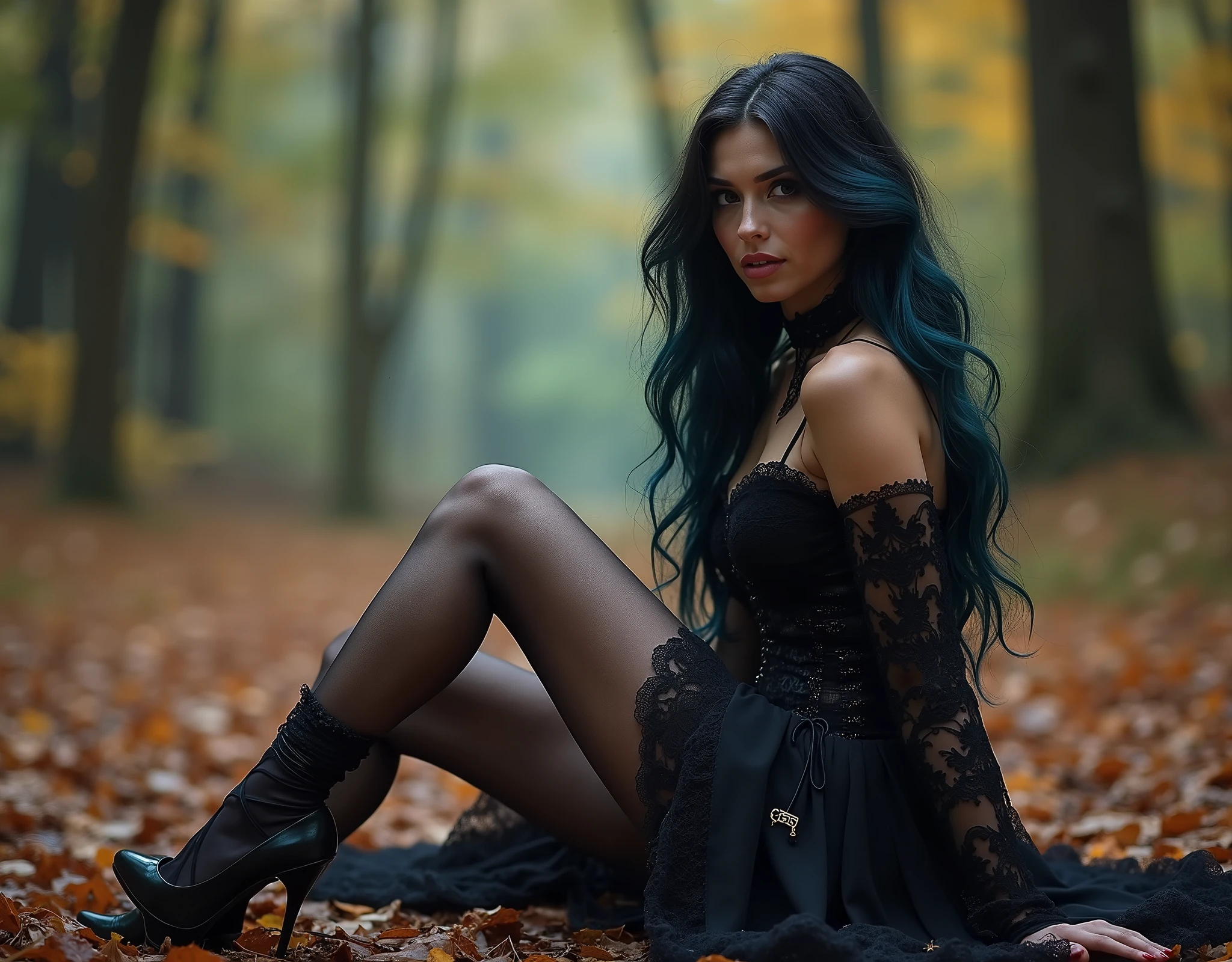 Photo of woman wears black lace stockings, the woman is wearing high heels ; The woman has long, wavy black and blue hair; The woman is dressed as a sexy witch, she is pretty, The woman is sitting on the ground, the woman is in a clearing in the middle of a forest, it's autumn in the woods, light