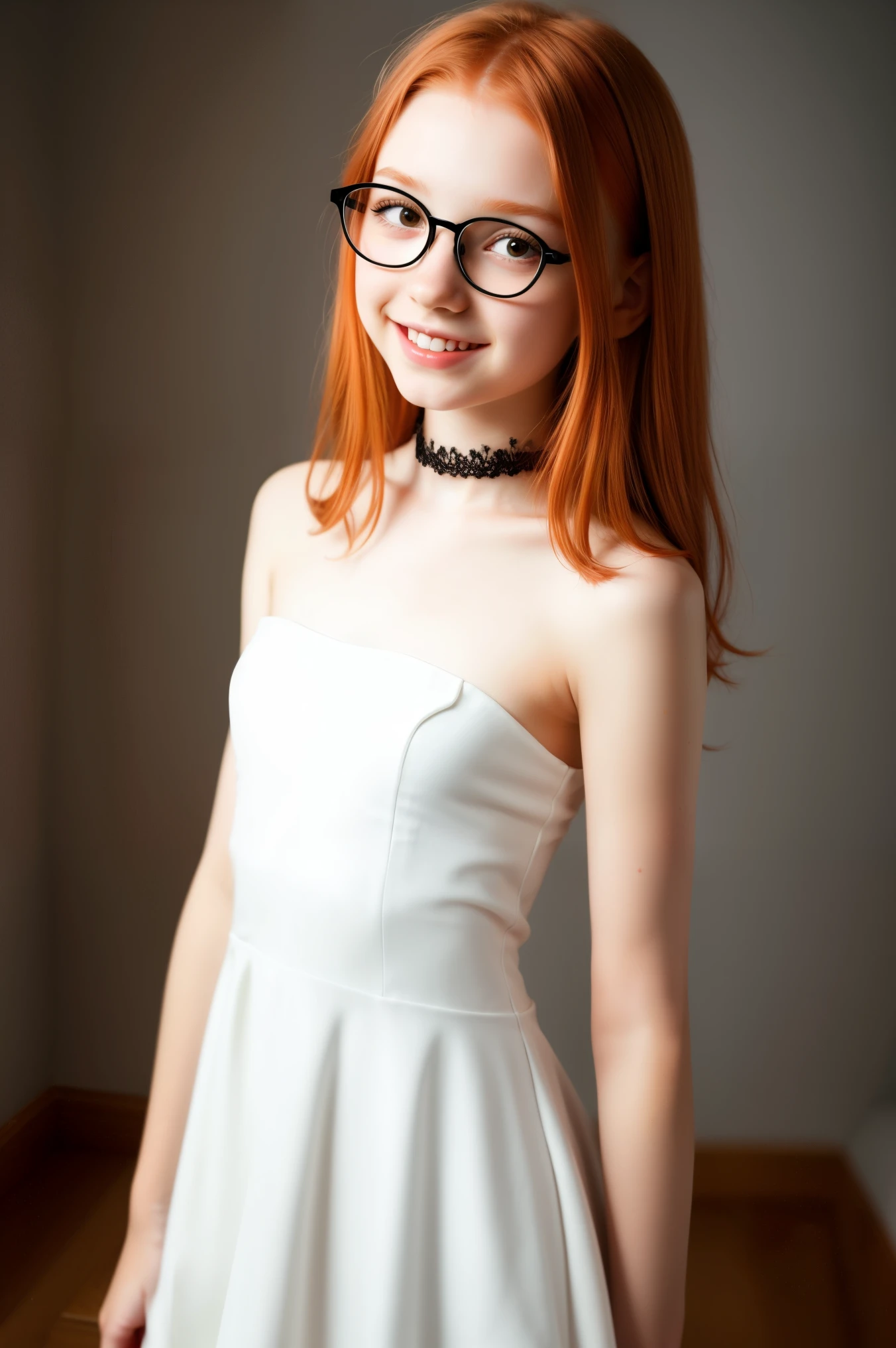 raw photo, unedited photo,full body shot, full view,(13yo skinny redhead girl:1.2), (normal european girl), ((flat chested)), (long thin legs), cheek dimples, blushing smile, black eyeliner, (lipstick:0.5), (choker:0.9), white skin, detailed skin, realistic skin texture, shoulder, short pink dress, (lpng red hair:1.2), glasses, warm lighting, cosy atmosphere, nsfw, naive, shy, short, thin, cute