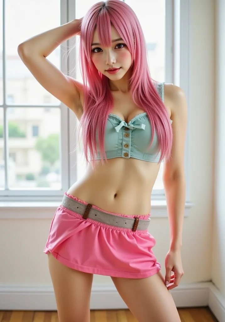 Maid girl with medium breasts without bra or panties posing facing front with pink hair and small horns dressed as a maid