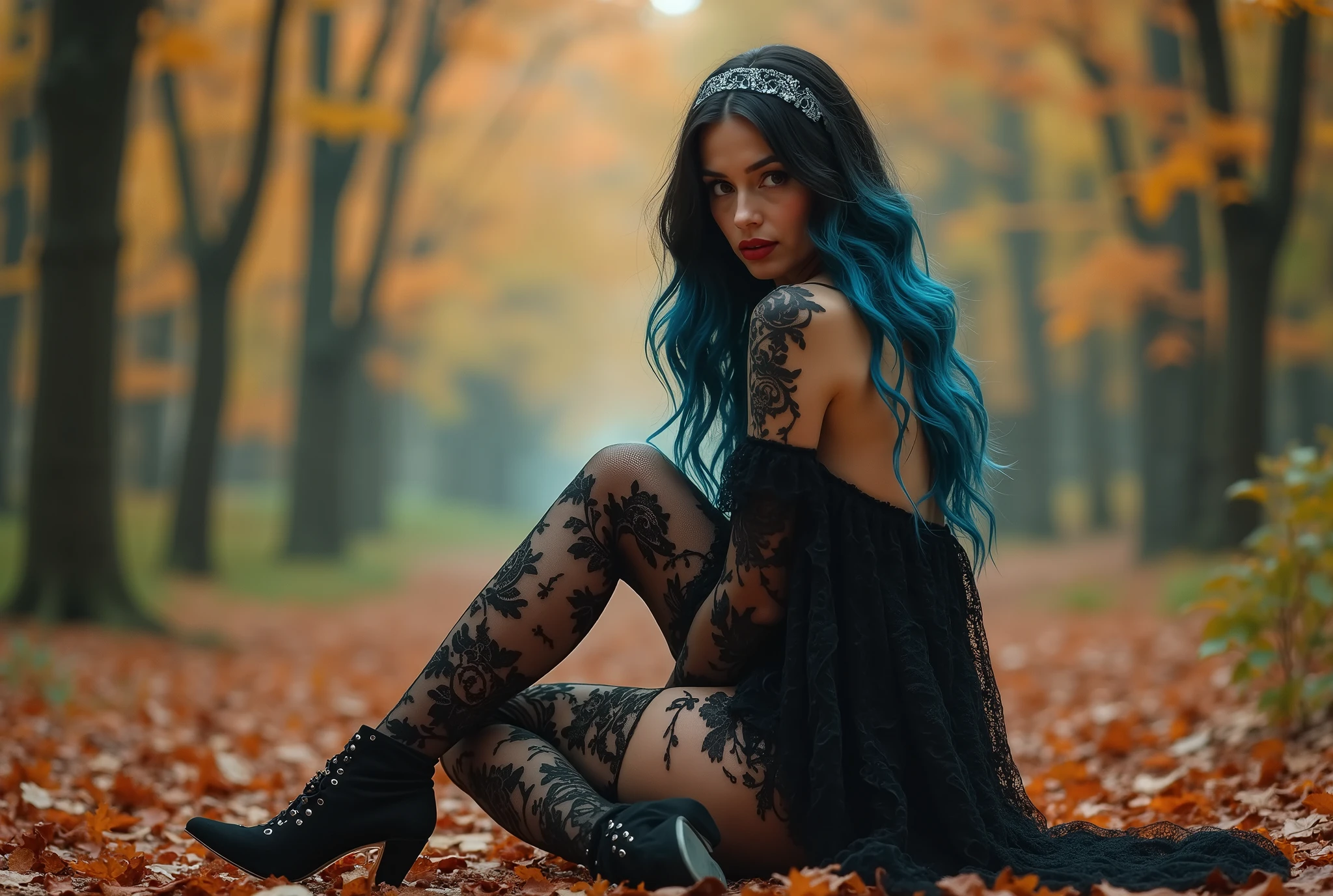 Photo of woman wears black lace stockings, the woman is wearing high heels ; The woman has long, wavy black and blue hair; The woman is dressed as a sexy witch, she is pretty, The woman is sitting on the ground, the woman is in a clearing in the middle of a forest, it&#39;s autumn in the woods, light, a tape on the head
