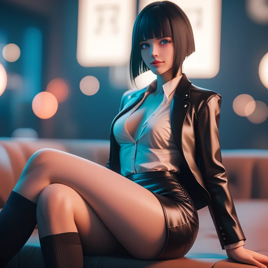 (( black hair))、(白 inner hair), best quality 、 Masterpiece、( professional lighting without shadows )、 surreal, charming、 figure like a slender supermodel 、 One Girl , ( character in foreground, blurred background), (大きい胸), (Bright, beautiful blue eyes , ((hime cut, short hair))),(blazer , black unbuttoned shirt, (leather skirt), high socks, loafer), , ( beautiful face squinting in bright light ), Knee High Socks