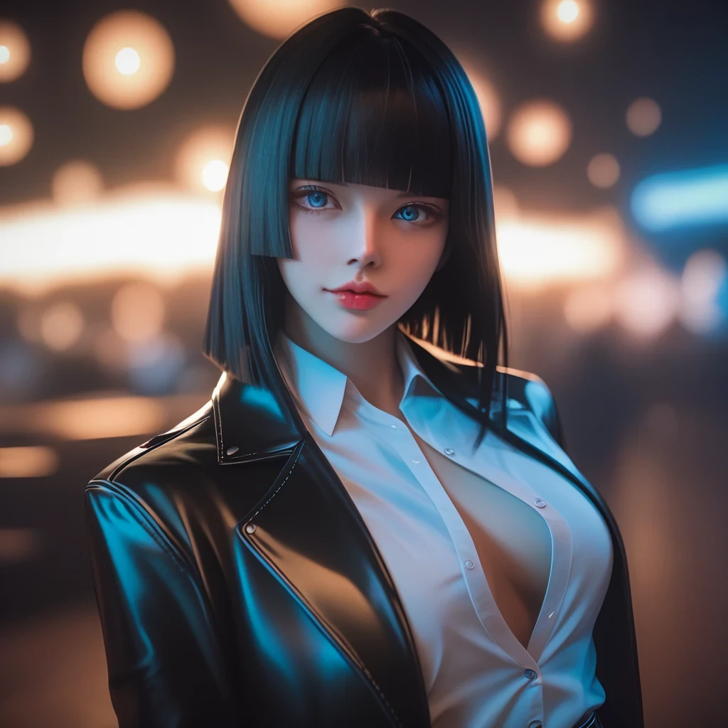 (( black hair))、(白 inner hair), best quality 、 Masterpiece、( professional lighting without shadows )、 surreal, charming、 figure like a slender supermodel 、 One Girl , ( character in foreground, blurred background), (大きい胸), (Bright, beautiful blue eyes , ((hime cut, medium hair))),(blazer , black unbuttoned shirt, (leather skirt), high socks, loafer), , ( beautiful face squinting in bright light ), Knee High Socks
