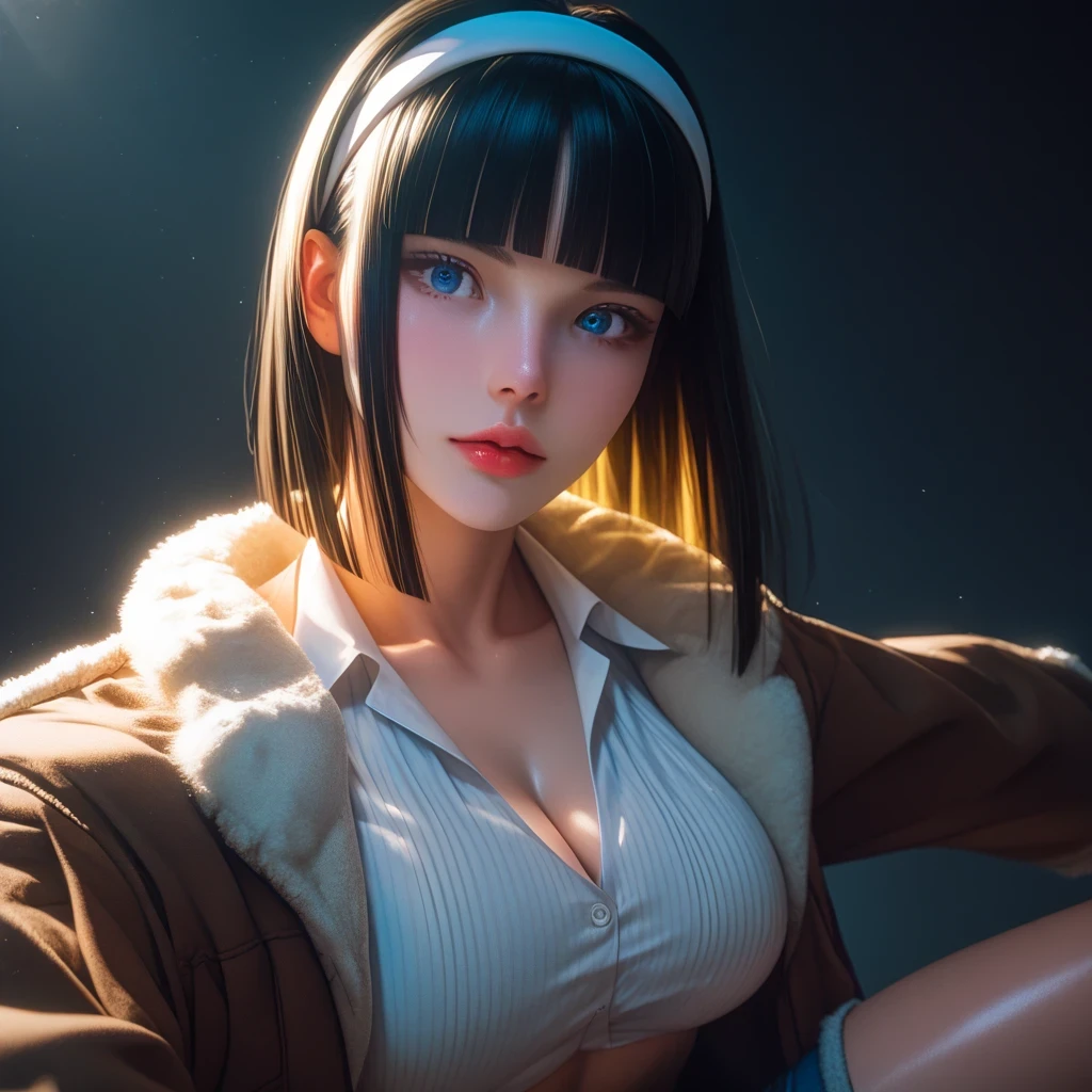 (( black hair))、(Yellow inner hair), top quality、 ( professional lighting without shadows )、 surreal, (Nipples:0.4), is fascinating、 figure like a slender supermodel、 1 girl,, ( big breasts, Belly button exposed), ( flat at honny, beautiful skin)), (明るい and beautiful blue eyes , ((hime cut,medium hair )), (bomber jacket, headband top, daisy duke shorts, long boots) , ( beautiful face squinting in bright light ), dynamic angle, face focus, looking side