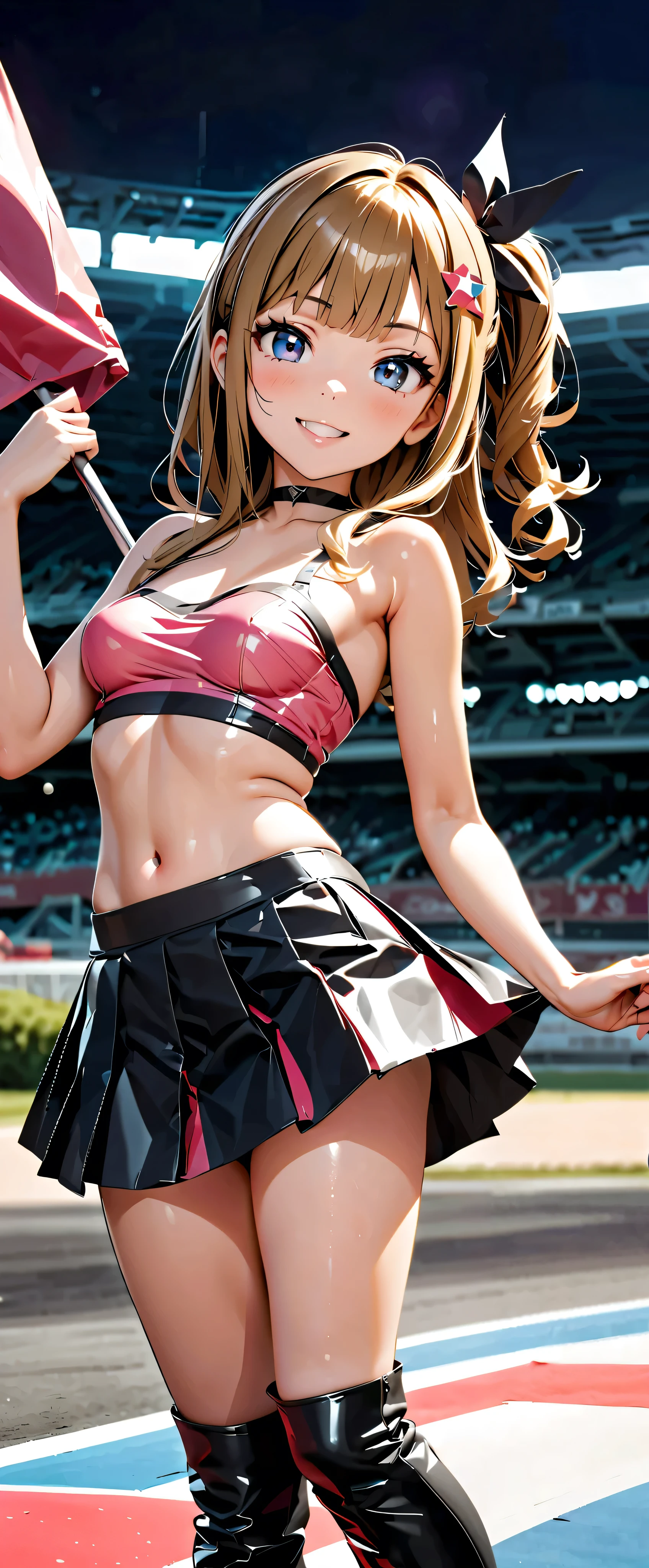 best quality, super high resolution, One person, small breasts, black choker under the chest, smile, exposes shoulders, focus only , watch viewers,Fair skin,Car racing track, photon mapping, physical based rendering, RAW photos , highly detailed background , K-pop Idol , depth of coverage, hair ornament, detailed face, glowing skin, game cg,whole body, shiny micro tight miniskirt,shiny micro tube top, Shiny Long Boots , Race Queen, sexy pose,holding a flag,Gloss Lip