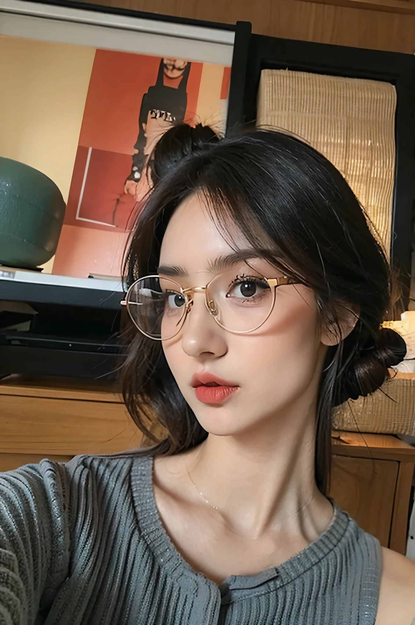 A girl wearing lewd clothes and wears glasses with a messy bun leaning for a kiss.