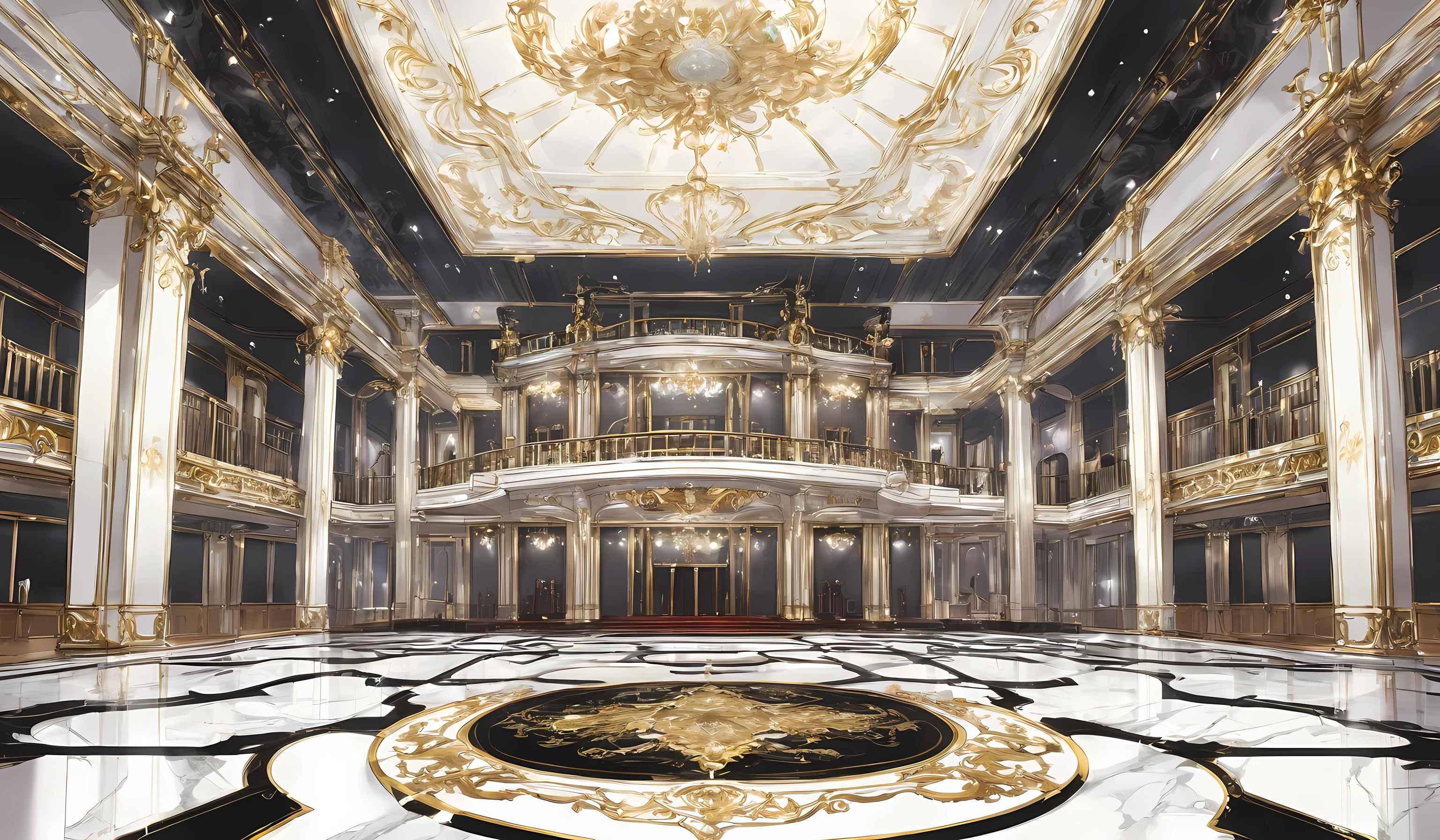 An aristocratic-style concert hall 。It is composed entirely of white and black。 doesn't put any chairs or the like on the floor、Marble floor。 a hall of considerable depth and size。 anime picture for TRPG。