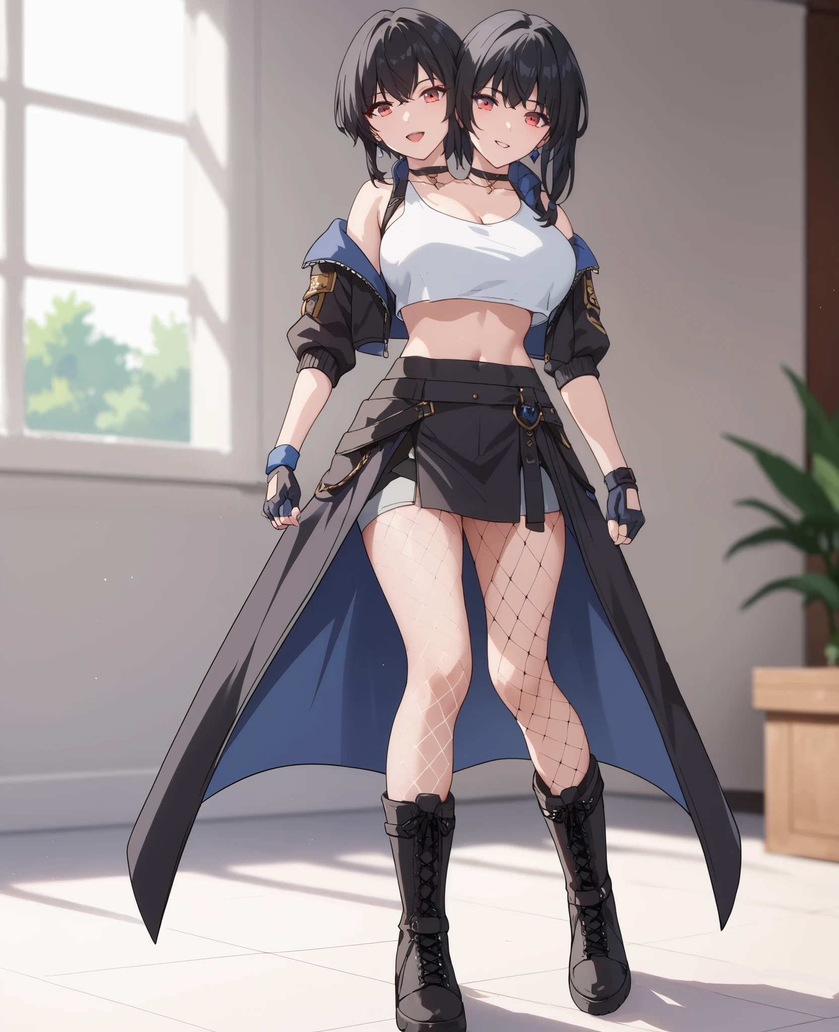 2heads, a tall thin woman with 2 heads, black hair, red eyes, black footwear, black gloves, black hair, black jacket, crop top, fingerless gloves, fishnet pantyhose, knee boots, eather jacket, She is inside a bedroom. large breasts.