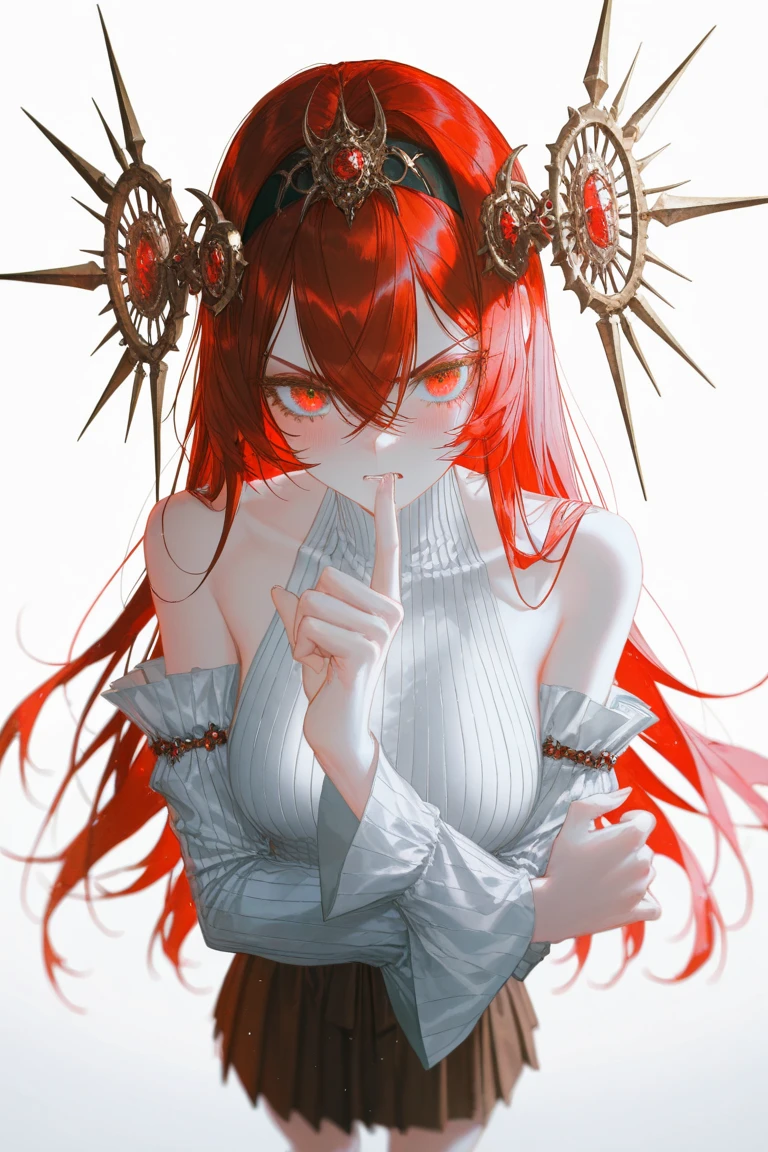 ocean,sky,looking_at_viewers,devil,nun,chemise,garter straps,best quality,black ribbon,mature female,rainy days,cute face,illustration,shirt lift,blush,cross necklace,hand on own chest,red eyes,bare shoulders,red hair,beautiful detailed starry sky,medium_breasts,ankle_lace-up,very_close_to_viewers