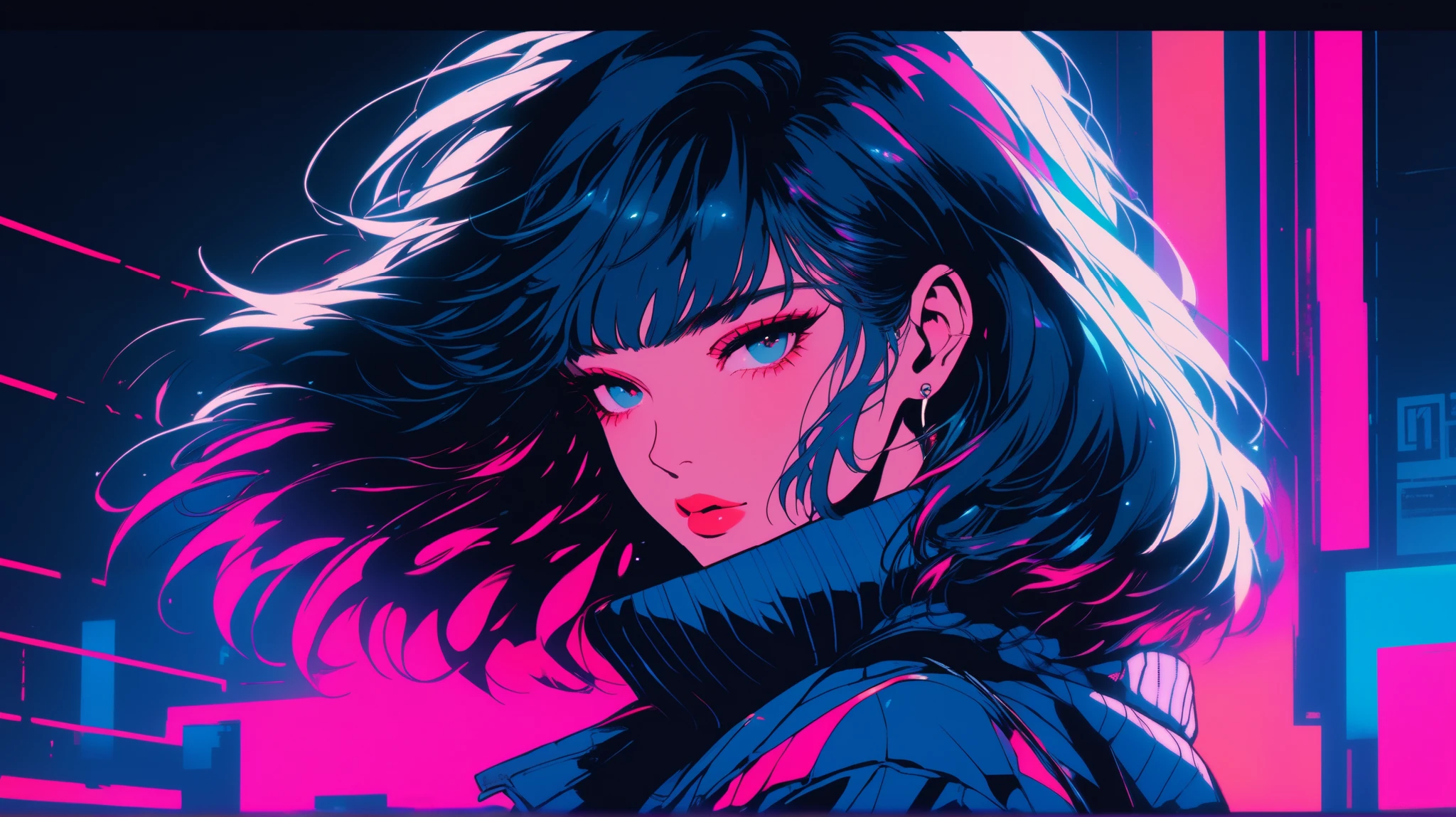 (( illustrator )), flat color, stylish, sketch, 1980s, 1 girl, Shiny Lips, turtleneck sweater, very modern stylish asymmetry hair (( gradation )) , Neon Hair, TEXTURED CROP, ( Masterpiece, top quality), portrait, (( dynamic angle)), close-up girl , while inside, while inside, I'm in love with, retrowave, Synthwave, winter, Inside the cafe