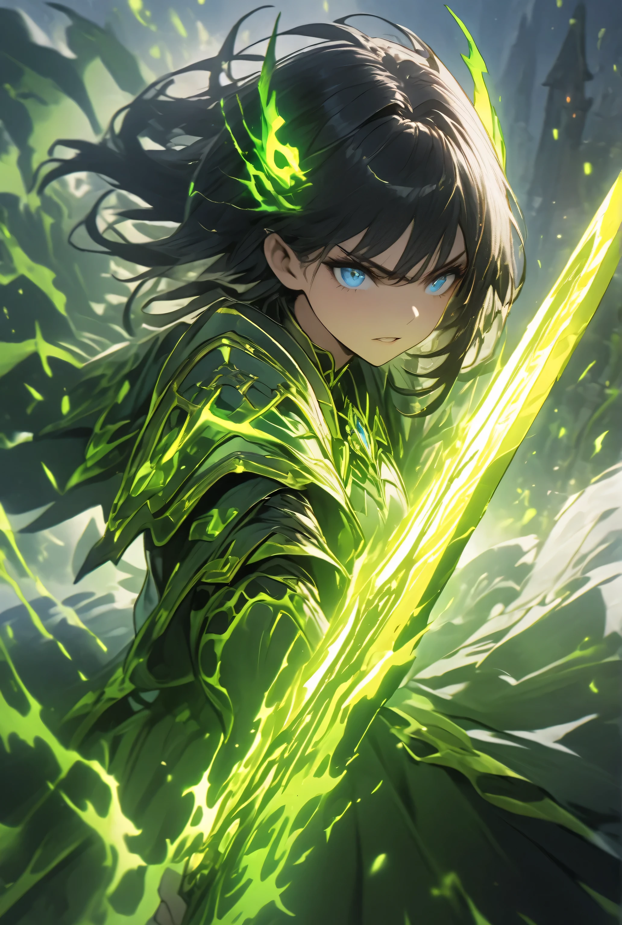 The dynamic scene captures,
the instant energy yellow sparks as a woman with black hair and blue eyes,
launches a thrusting attack with a great sword that is covered in green flames,
The green flames surrounding her greatsword give it an eerie glow,dark fantasy,