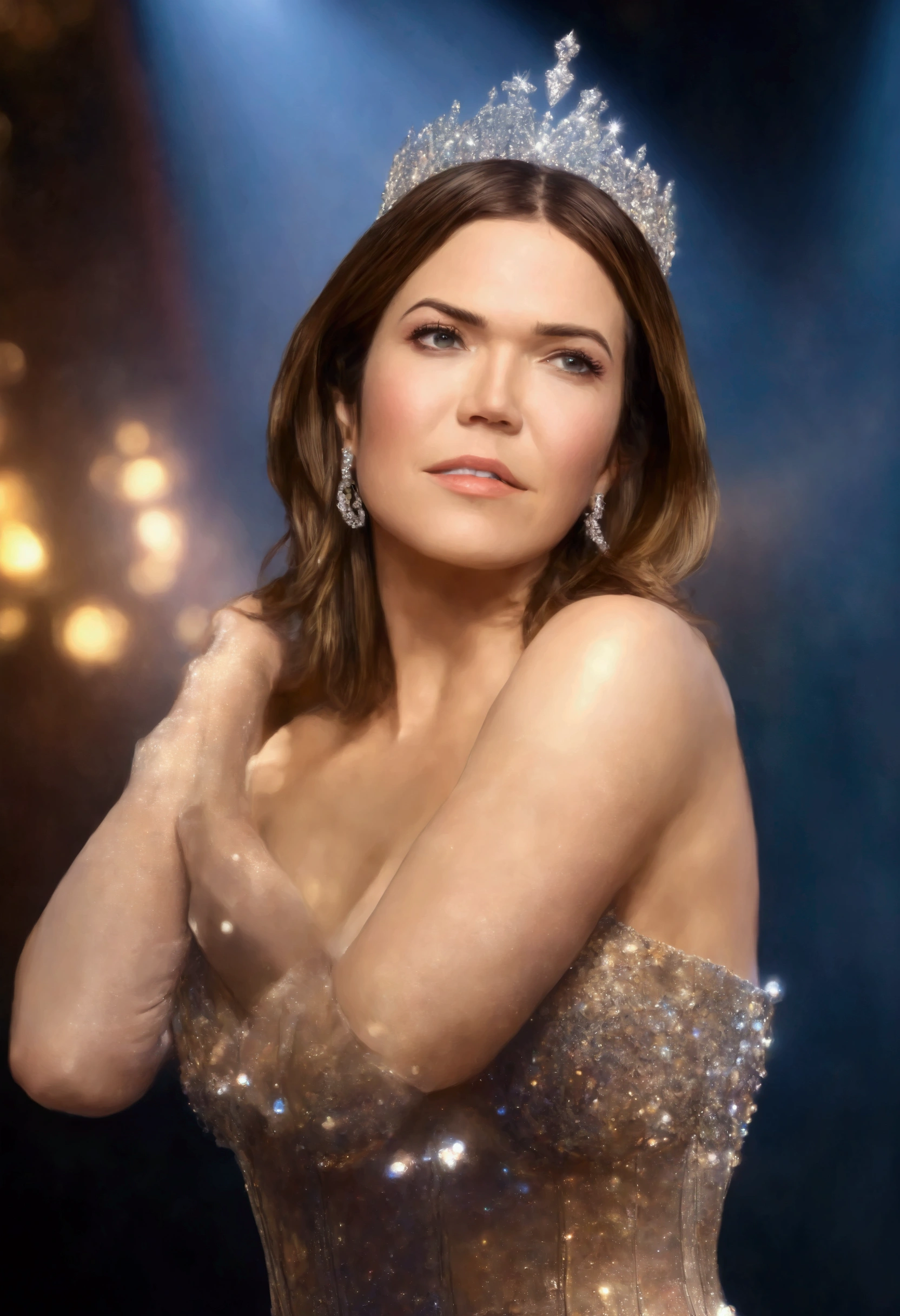 best quality, highres, 8k, masterpiece, photography, detailed midbody photorealistic portrait. In Crystal Crown, Mandy Moore reigns supreme wearing a diamond-studded corset and matching panties. She completes her attire with crystal-encrusted gloves and heels, sparkling under the lights. As she enters the stage, diamonds catch the light, mesmerising her devotees with her brilliance. 40 years old, (real skin texture: 1.3), (slender figure: 1.1), six-pack abs, (Immersive Ambience, Chiaroscuro: 1.5, Dim Light: 1.2, Glow Lighting), (Bokeh: 1.5), Blurred, high contrast, (Fuji colours: 1.5), film grain