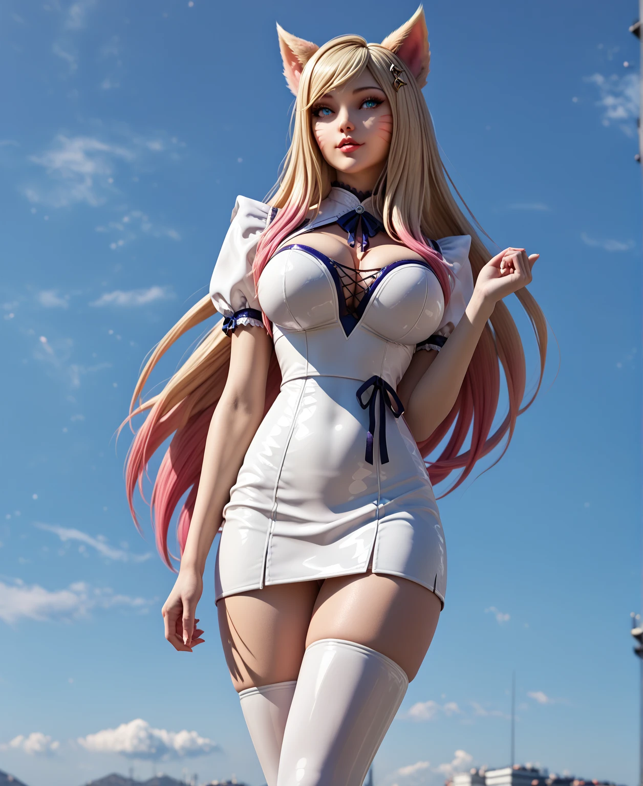 cyberpunk, medium breasts, wet vagina, long blonde pubic hair, violet eyes, pink cheek, white hair, big body, cut by a sword, on a dead dragon, short grass, lace dress, double penis, big shiny penis, ejaculation , semen