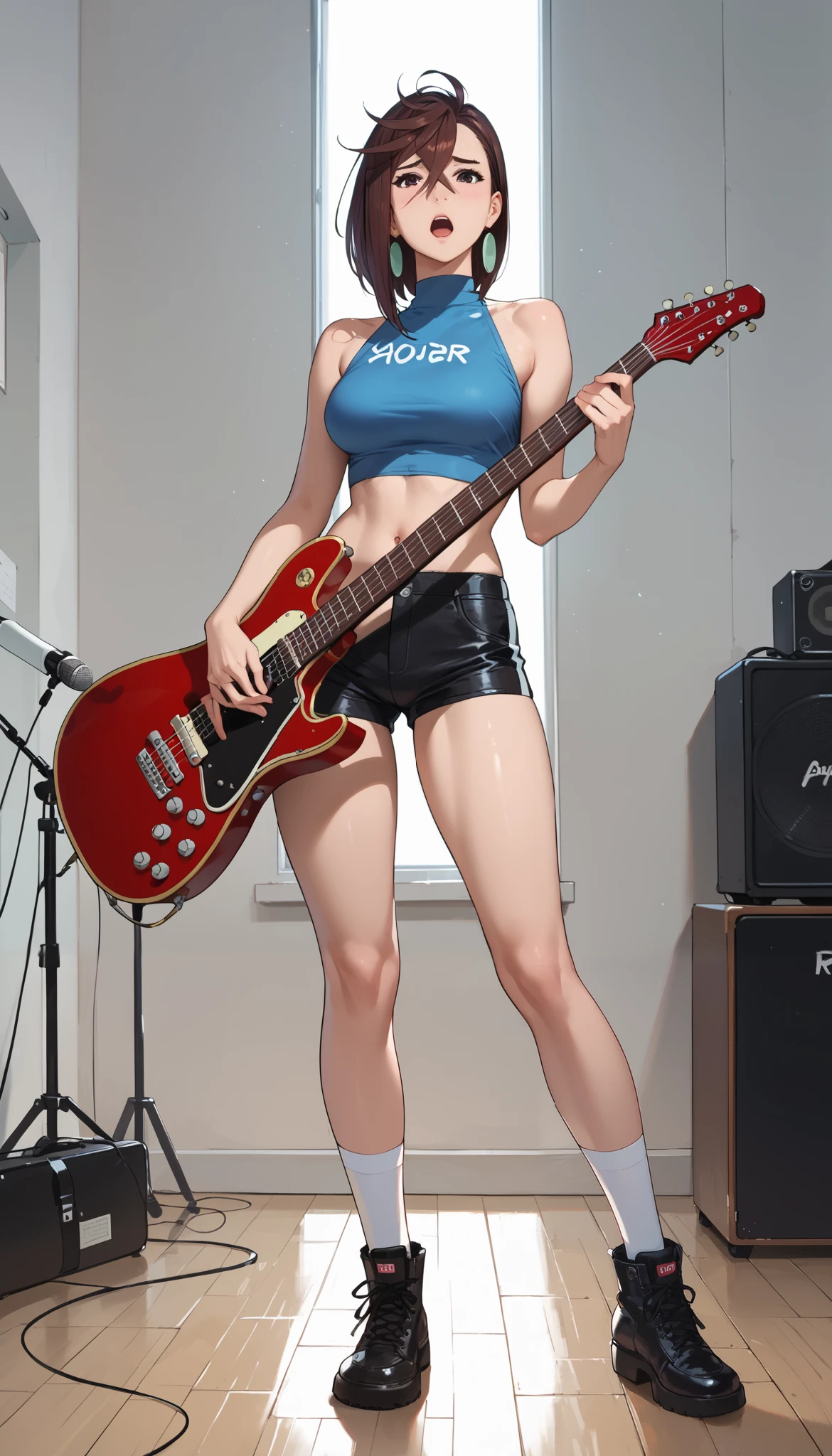 Rape, 18 year old naked Ayase Momo, In my job as a musician, she plays the electric guitar, slightly styled brown hair, she wears red leather tight shorts and white knee socks and a cropped blue sleeveless top. Pose. There is always a professional staff in the studio. Bright lighting emphasizes her beautiful shape. She looks at the camera professionally. Freely controls the change of poses and facial expressions. Feels like a professional photo shoot. Loud onomatopoeic speech, Front view full length