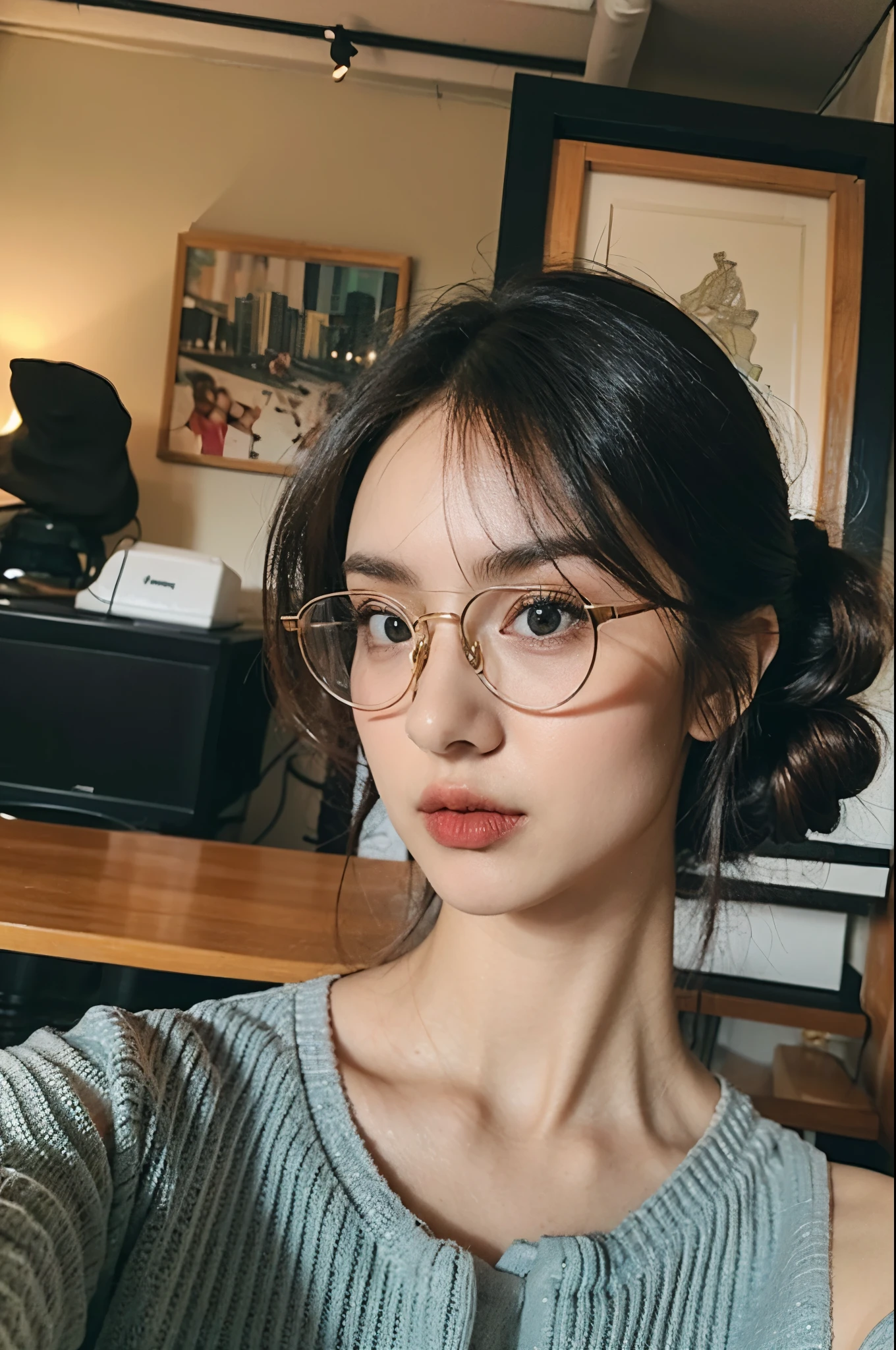 A girl wearing lewd clothes and wears glasses with a messy bun.