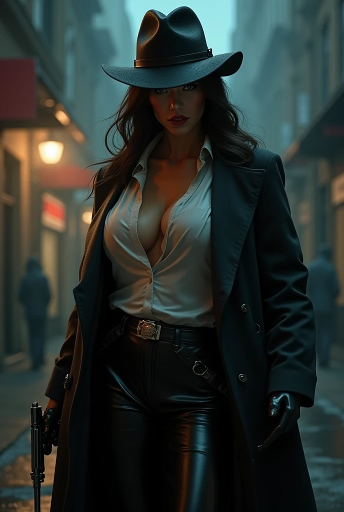 Masterpiece, (Ultra detailed), Gangster theme, Mature woman，Solo，Raised sexy，Trench coat, Dim lights, Smoke，black shadows, Corrupt cityscape, Highest quality, Single focus, (skimming: 1.1), full bodyesbian, Intricate (High detail: 1.1) illusory engine，cyber punk perssonage